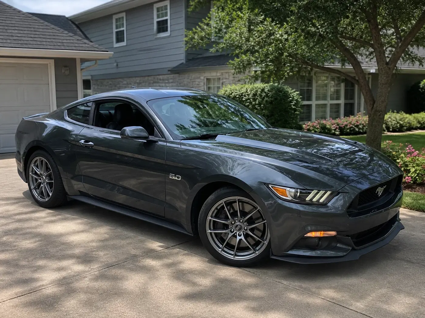 AI-generated view of a 2016 Ford Mustang GT with OZ Racing Leggera HLT wheels
