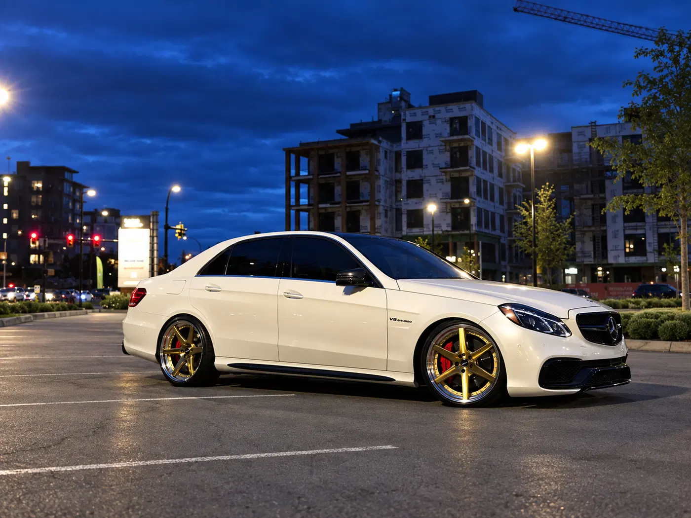 AI-generated view of a 2015 Mercedes-Benz E63 S AMG with Work Wheels Zeast ST1 two-piece wheels