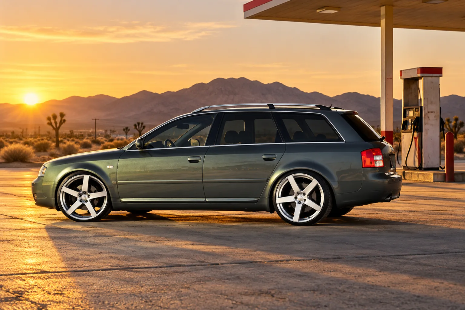 AI-generated view of a 2002 Audi A6 Avant 3.0 Quattro with TSW Rivage wheels