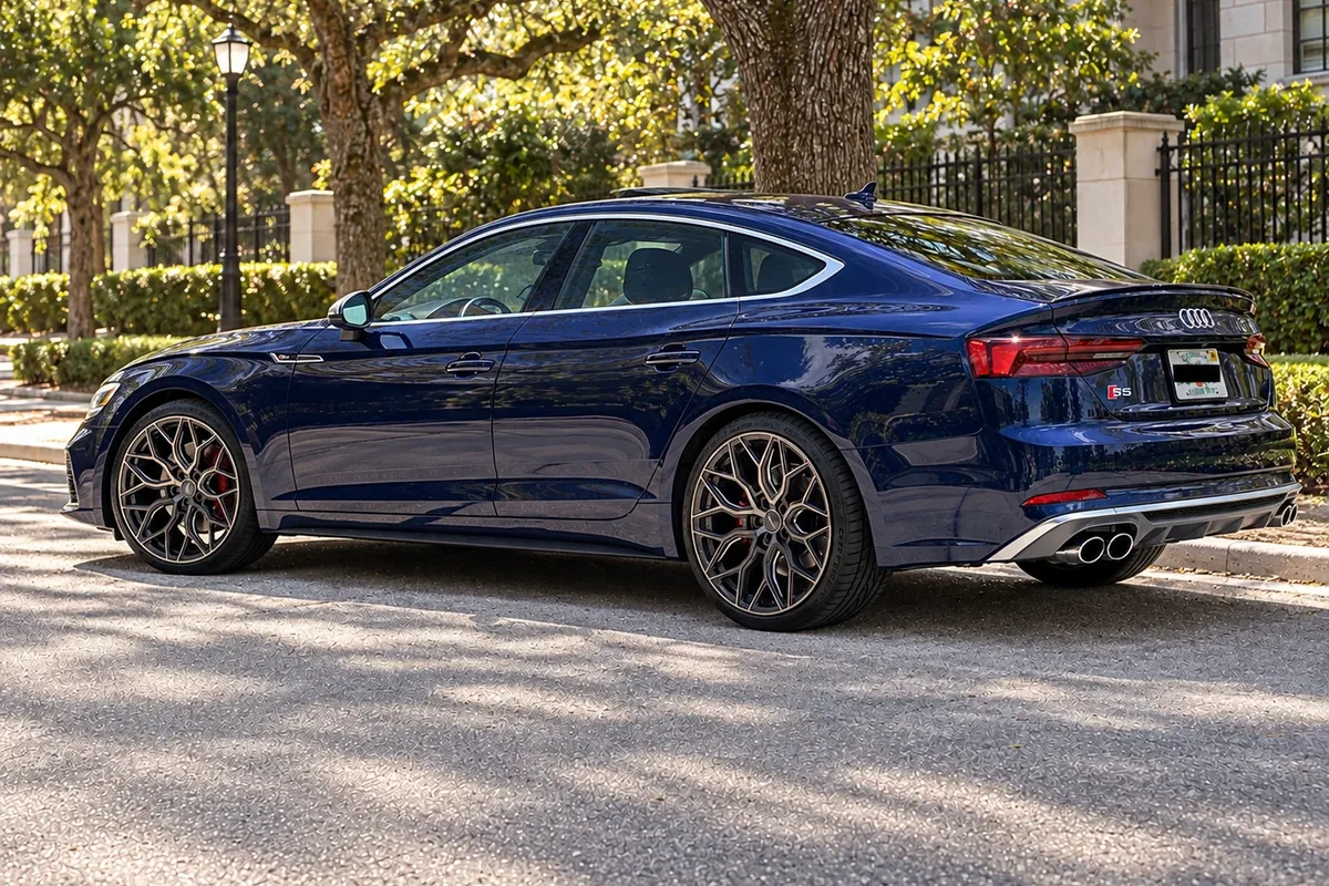 AI-generated view of a Dark blue Audi S5 Sportback fitment build