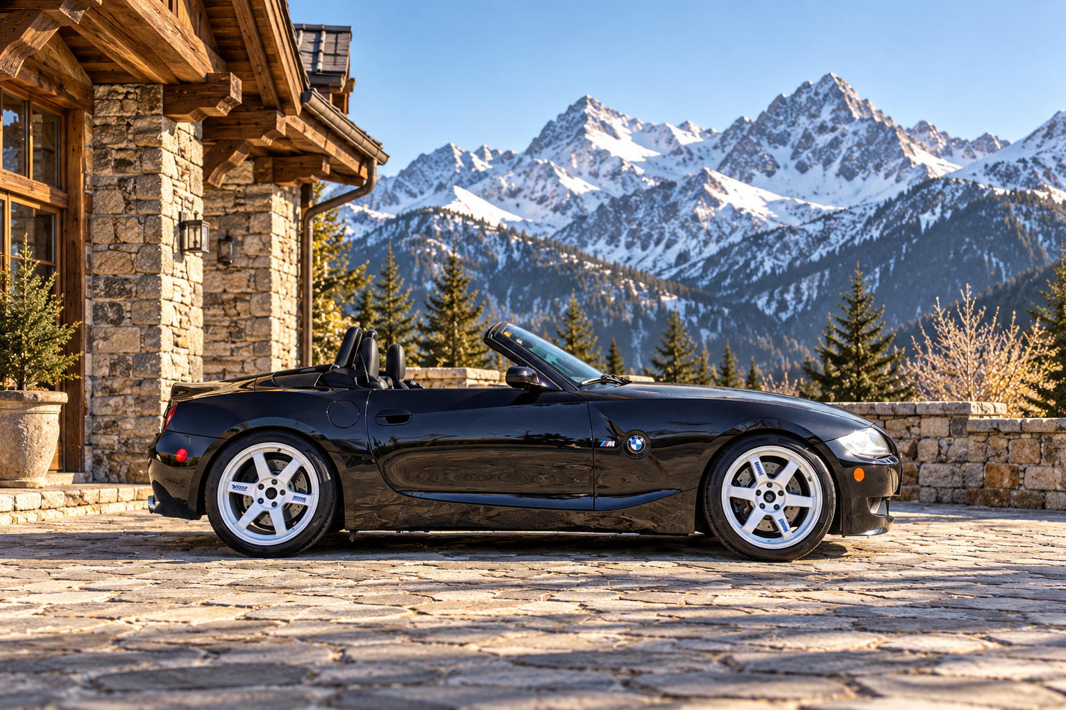 AI-generated view of a 2006 BMW Z4 M Roadster with Volk Racing TE37 wheels