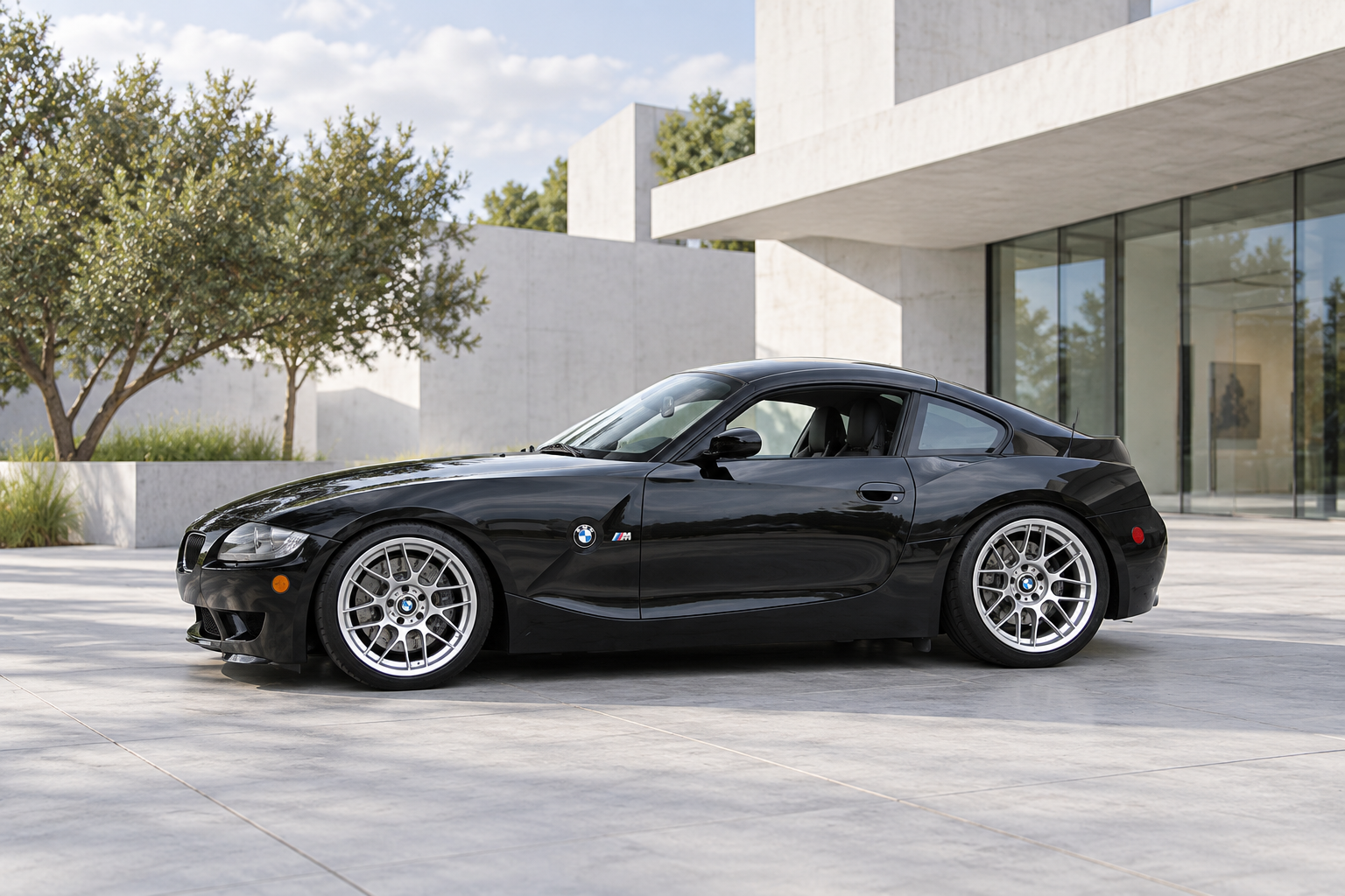 AI-generated view of a 2007 BMW Z4 M Coupe with Apex ARC-8 wheels