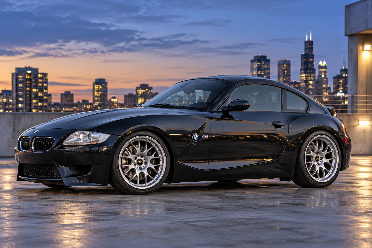 AI-generated view of a 2007 BMW Z4 M Coupe with BBS CH wheels