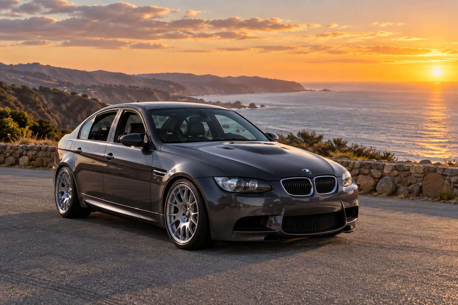 AI-generated view of a 2008 BMW M3 Sedan with BBS CH wheels