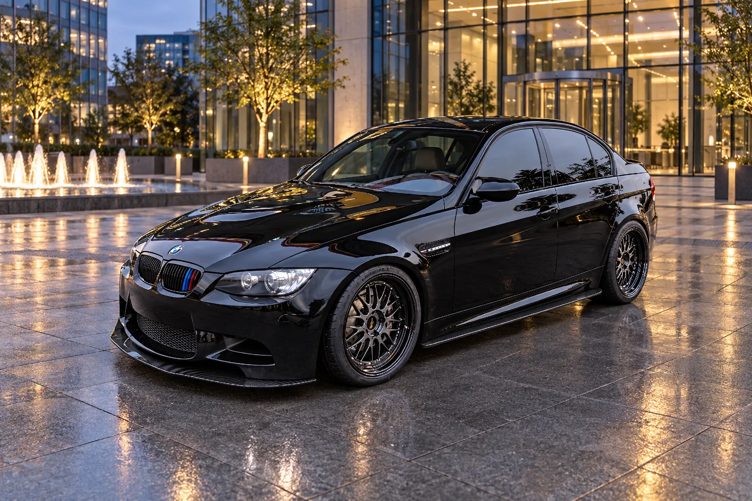 AI-generated view of a 2009 BMW M3 Sedan with BBS E88 wheels