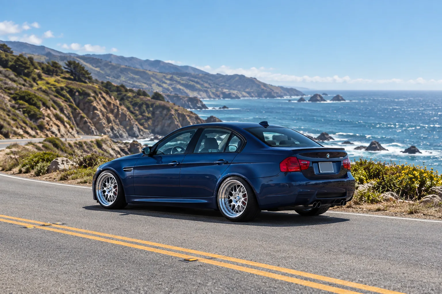 AI-generated view of a 2011 BMW M3 Sedan Competition with BBS LM wheels