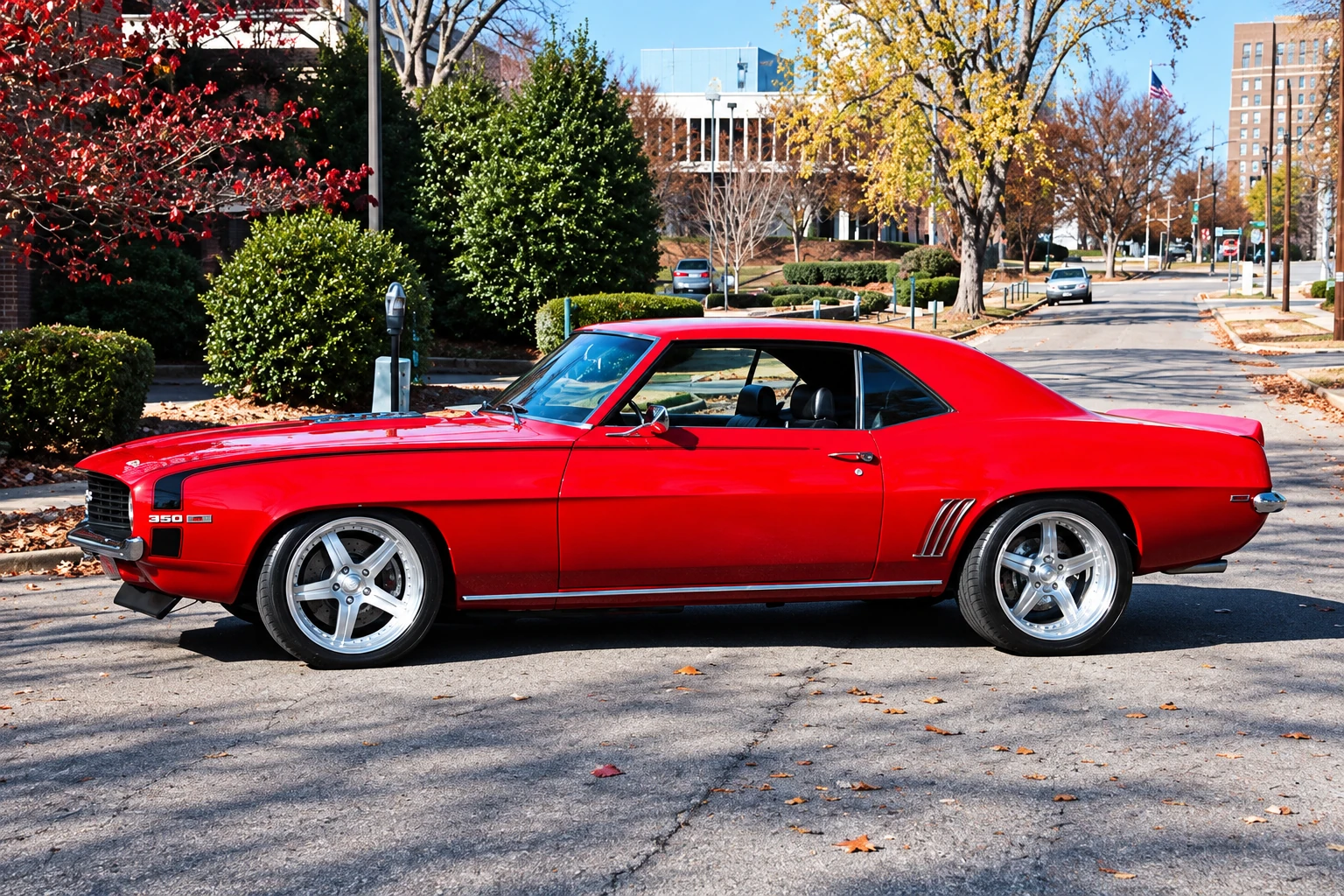 AI-generated view of a 1969 Chevrolet Camaro SS 350 with Boze Tach wheels