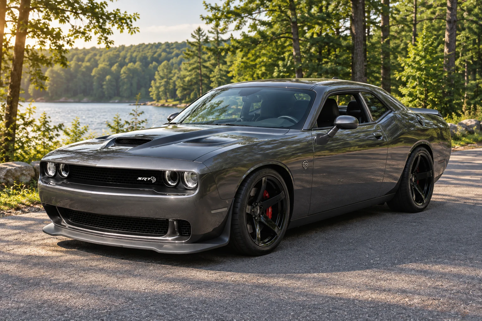 AI-generated view of a 2015 Dodge Challenger SRT Hellcat with PK Auto Design HR5 Hellraiser wheels
