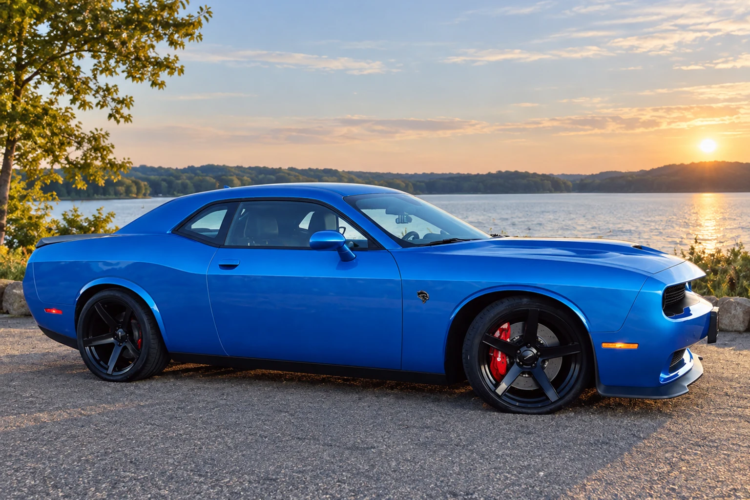 AI-generated view of a 2015 Dodge Challenger SRT Hellcat M6 with PK Auto Design HR5 Hellraiser wheels