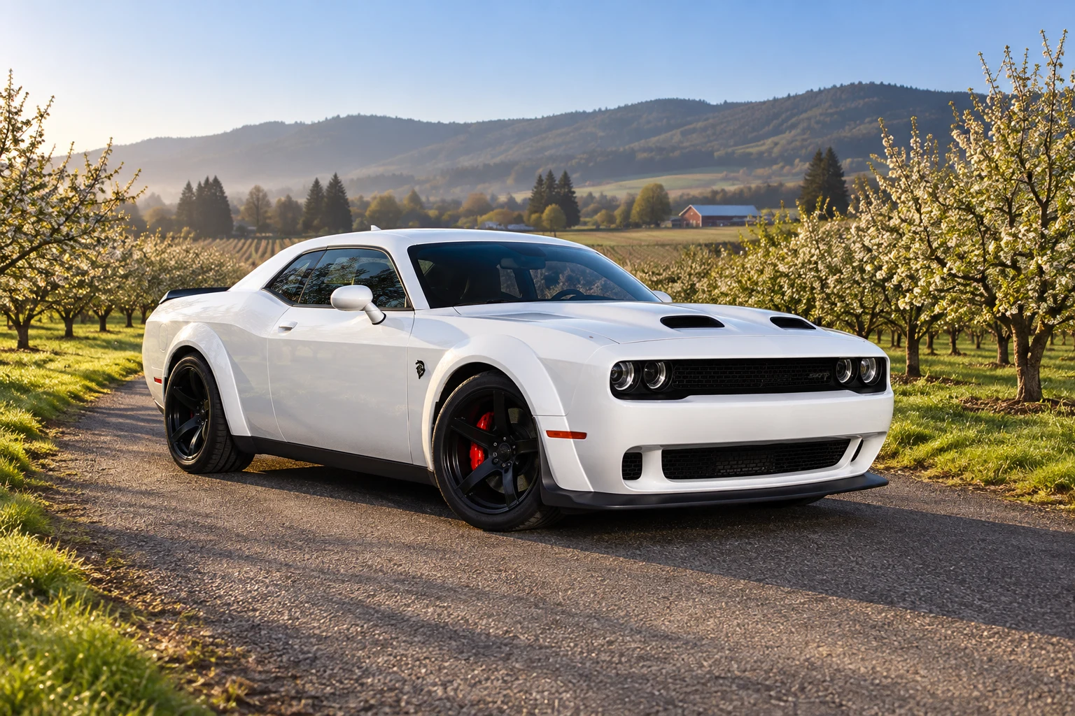 AI-generated view of a 2019 Dodge Challenger SRT Hellcat Redeye Widebody with PK Auto Design HR5 Hellraiser wheels
