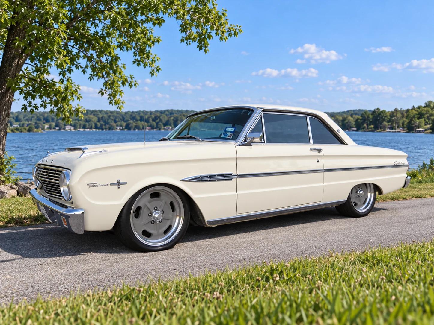 AI-generated view of a 1963 Ford Falcon Sprint with American Racing Salt Flat wheels