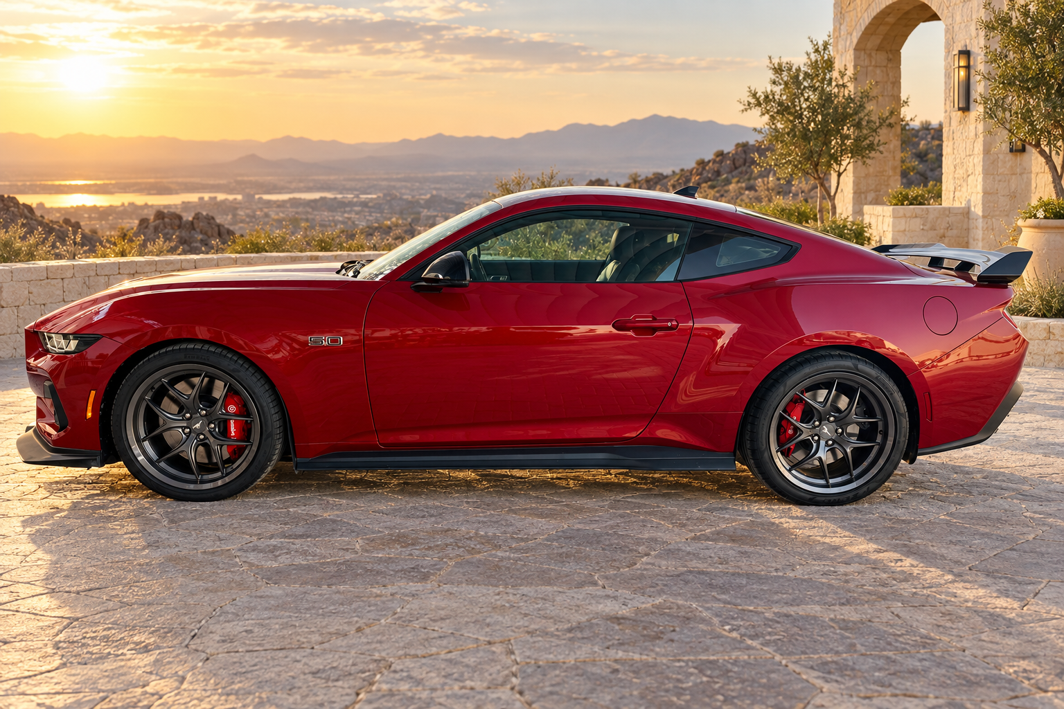 AI-generated view of a 2024 Ford Mustang GT Performance Package with Custom forged N/A wheels