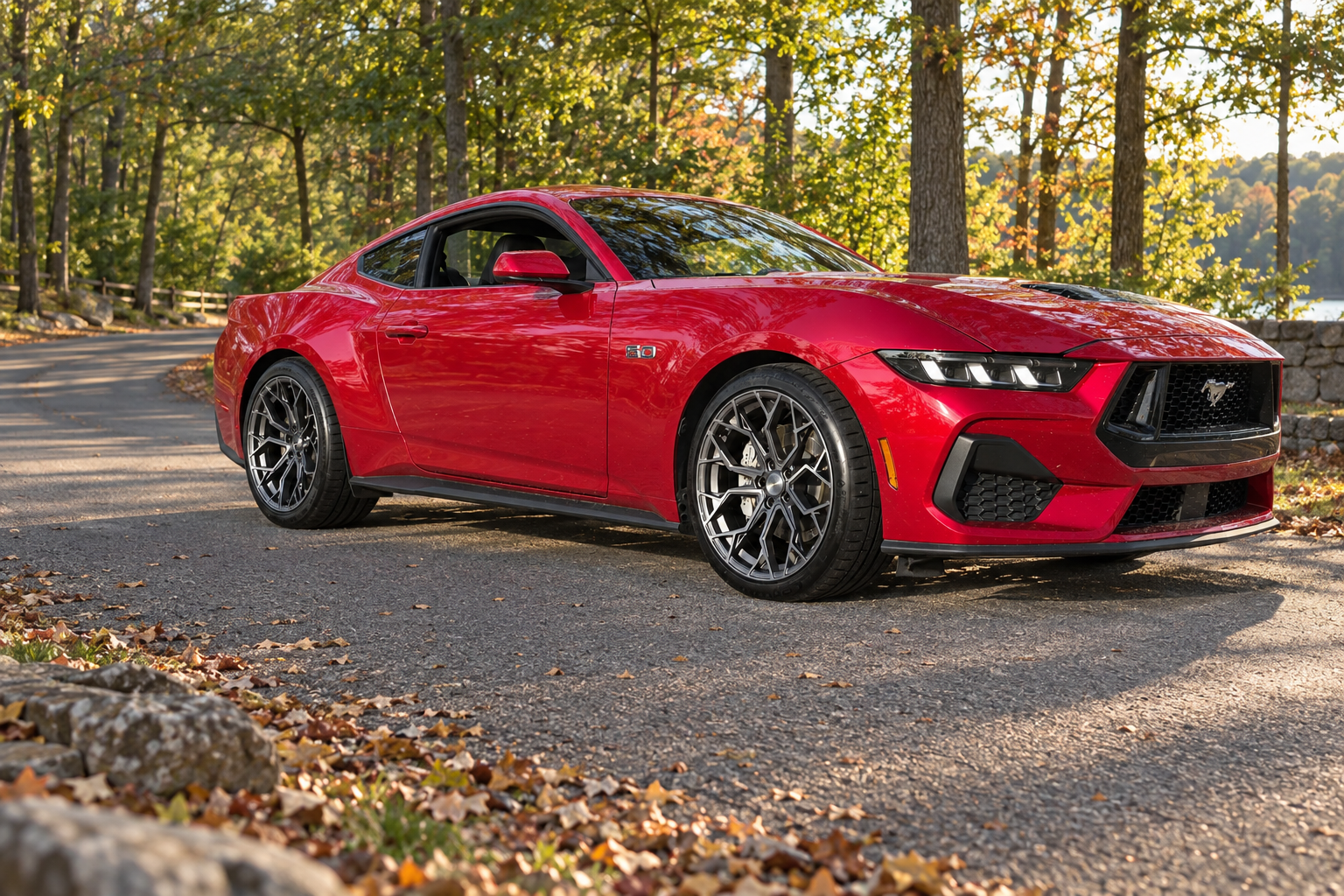 AI-generated view of a 2024 Ford Mustang GT non-Performance Package with Stance SF10 wheels