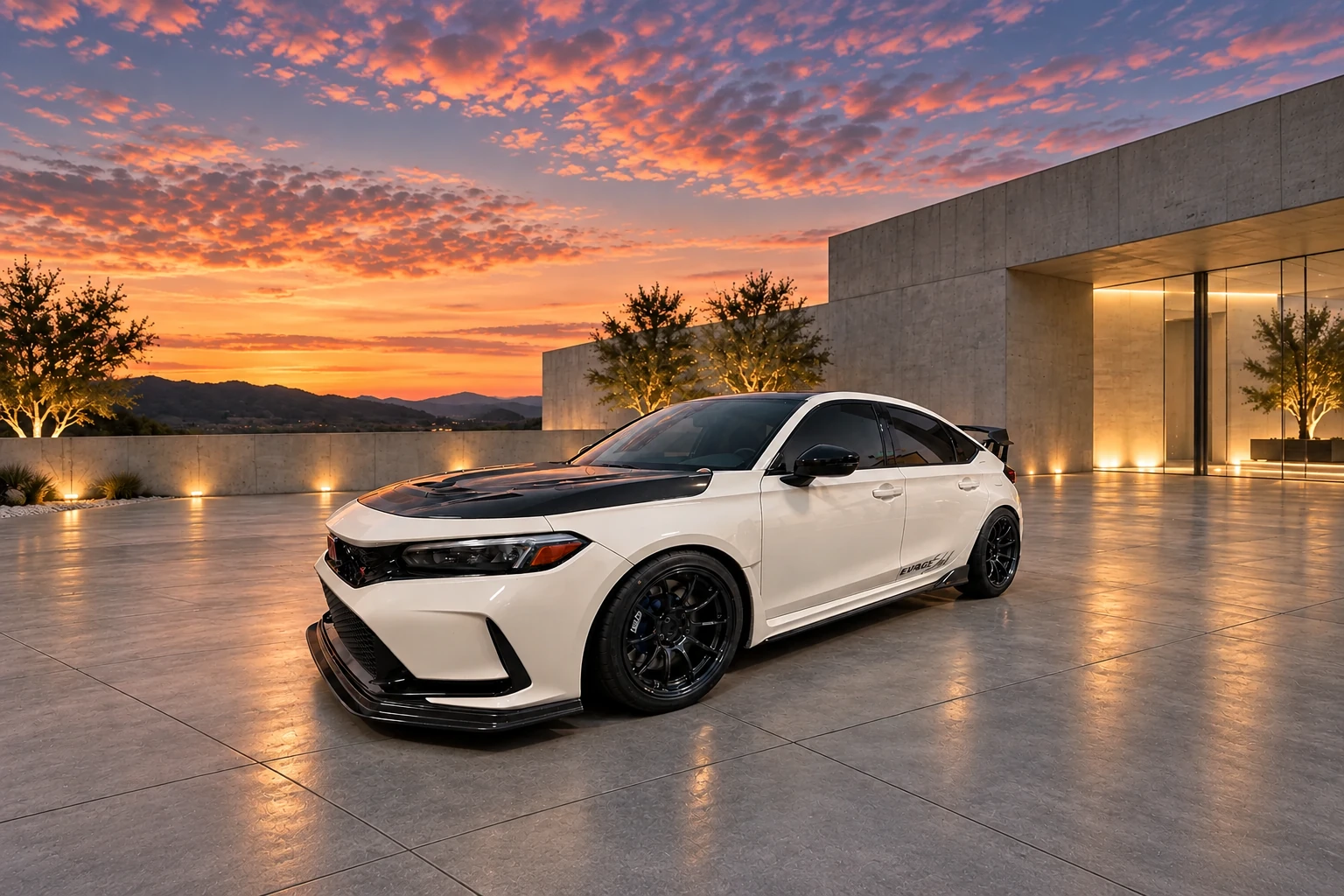 AI-generated view of a 2023 Honda Civic Type R with Volk Racing ZE40 M-Spec wheels