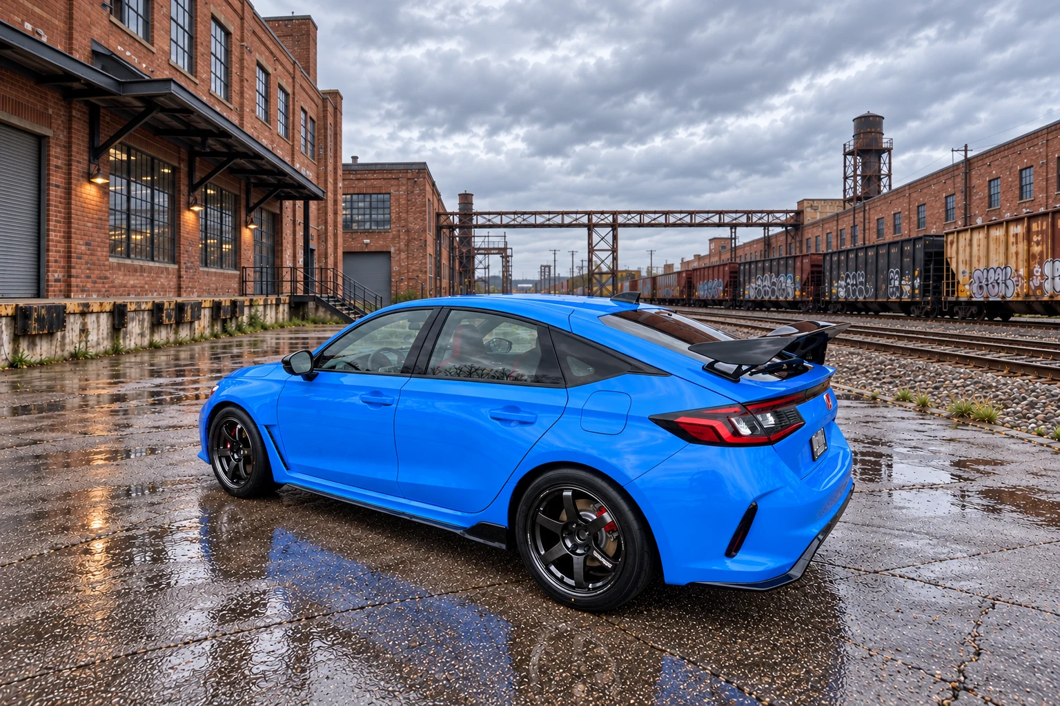 AI-generated view of a 2023 Honda Civic Type R with Volk Racing TE37 Saga S-Plus wheels