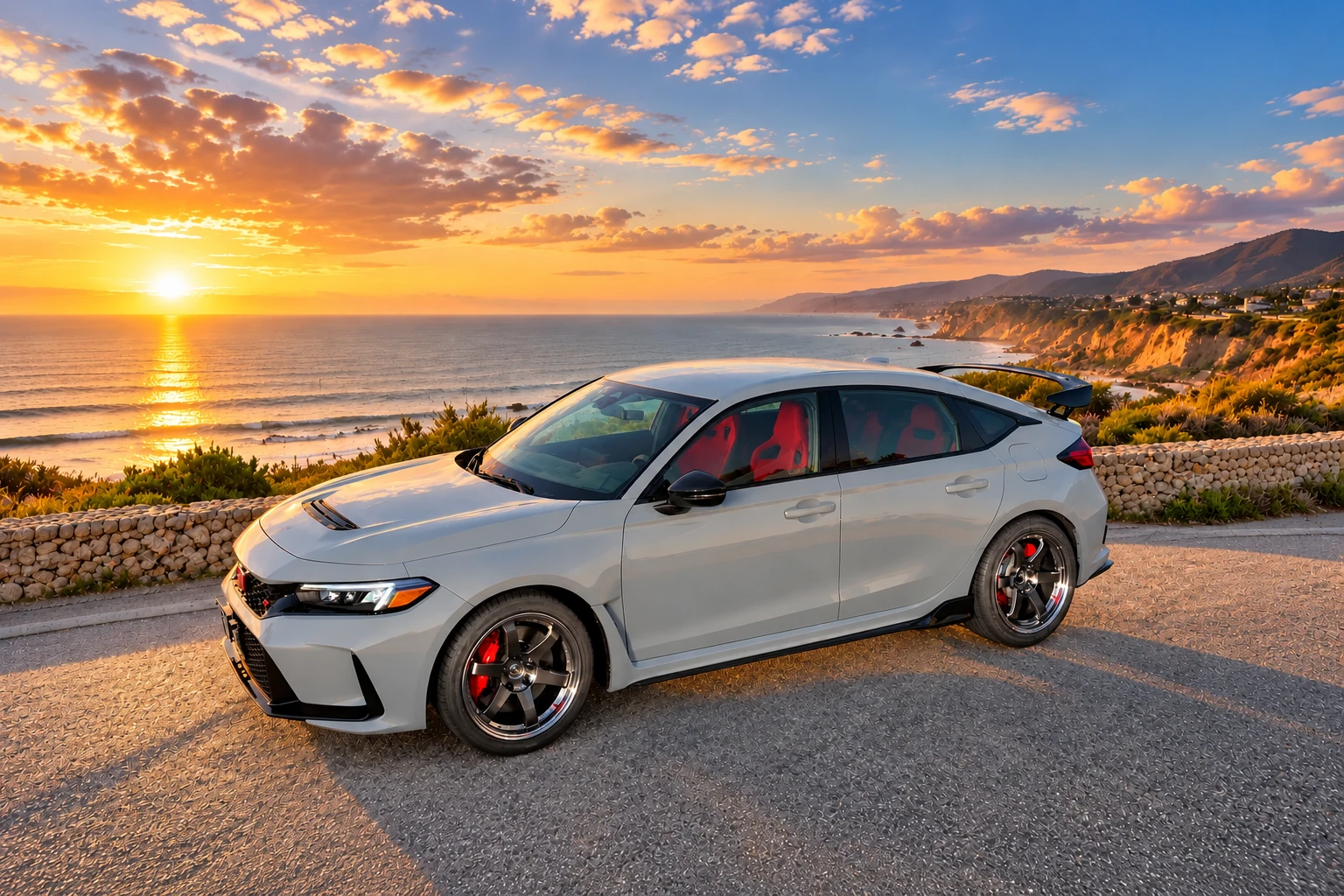 AI-generated view of a 2023 Honda Civic Type R with Volk Racing TE37SL wheels