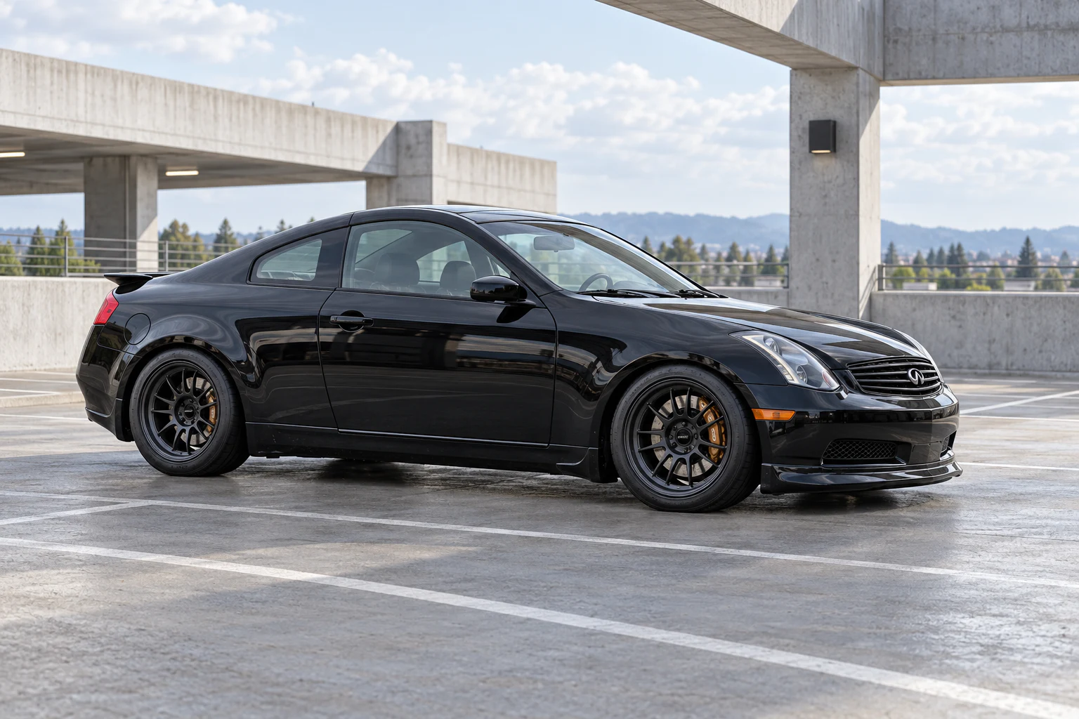 AI-generated view of a 2004 Infiniti G35 Coupe with Enkei RPF1 wheels