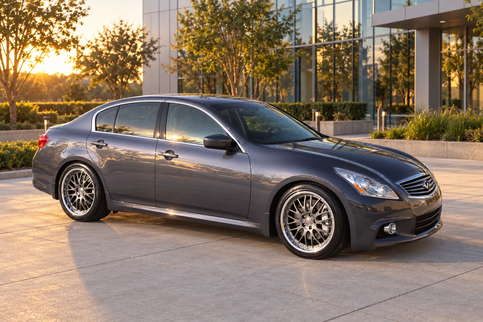 AI-generated view of a 2012 Infiniti G37S Sedan with Forgeline MD3P wheels