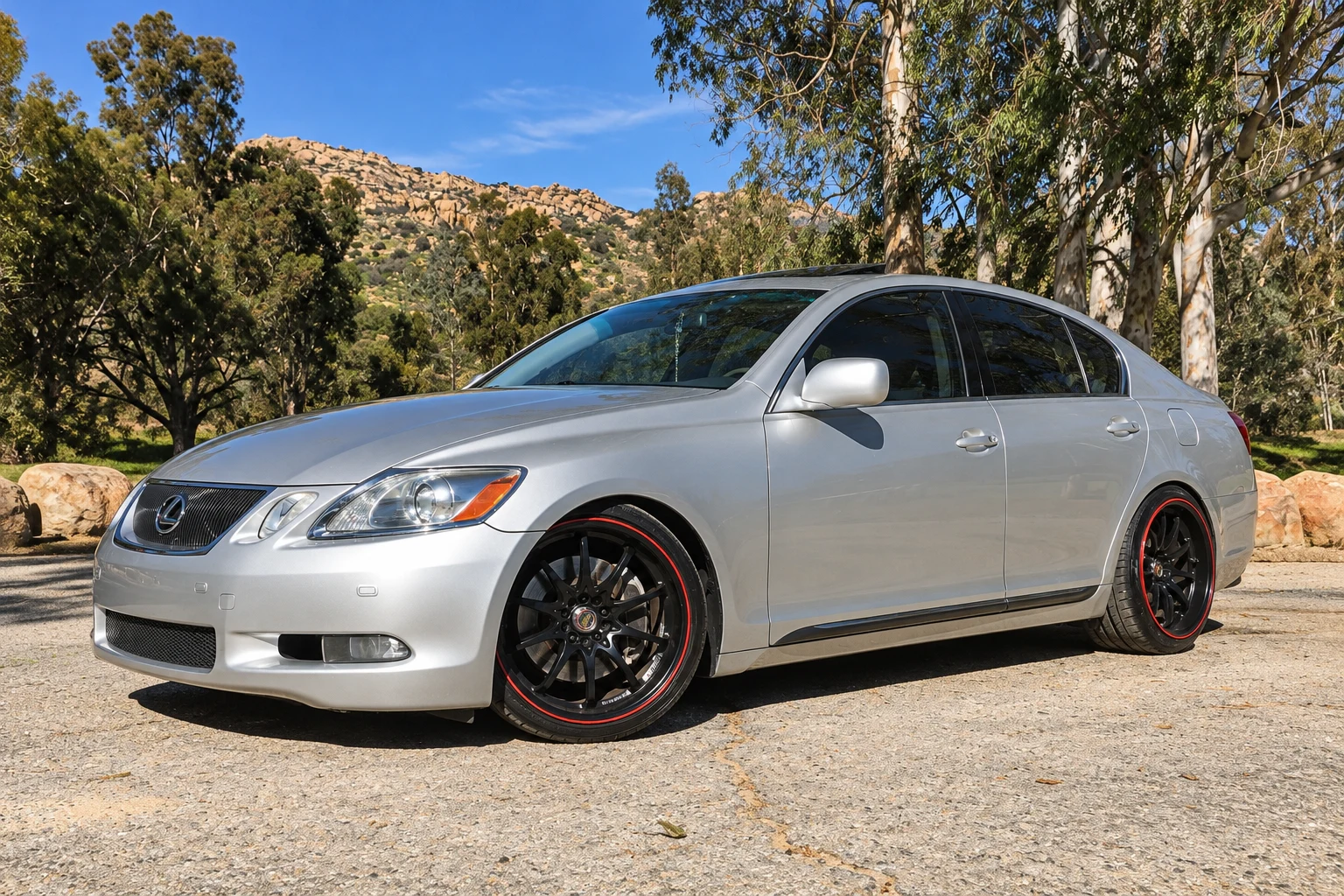 AI-generated view of a 2006 Lexus GS430 with Volk Racing CE28N Time Attack wheels