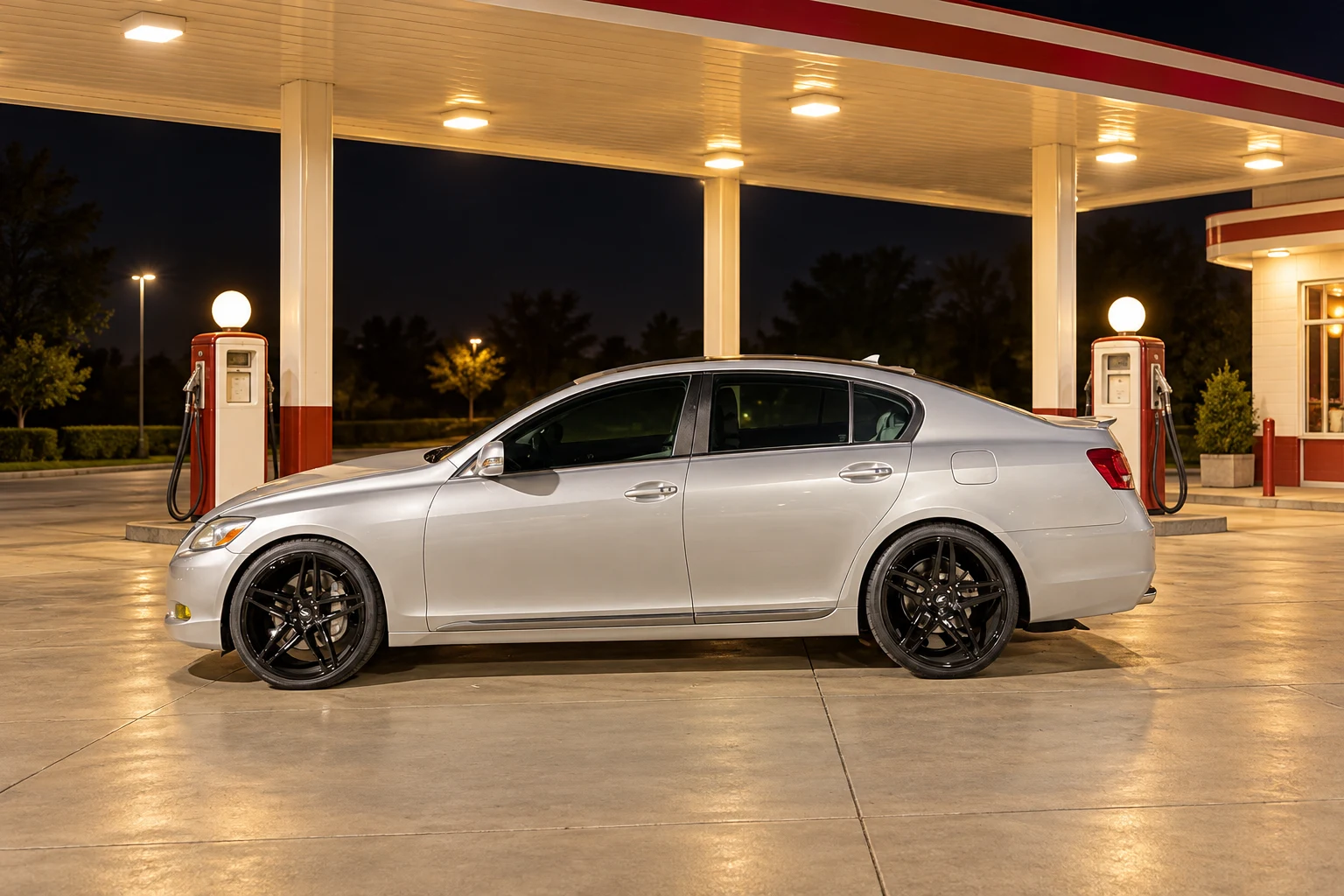 AI-generated view of a 2008 Lexus GS460 with Savini BM17 wheels