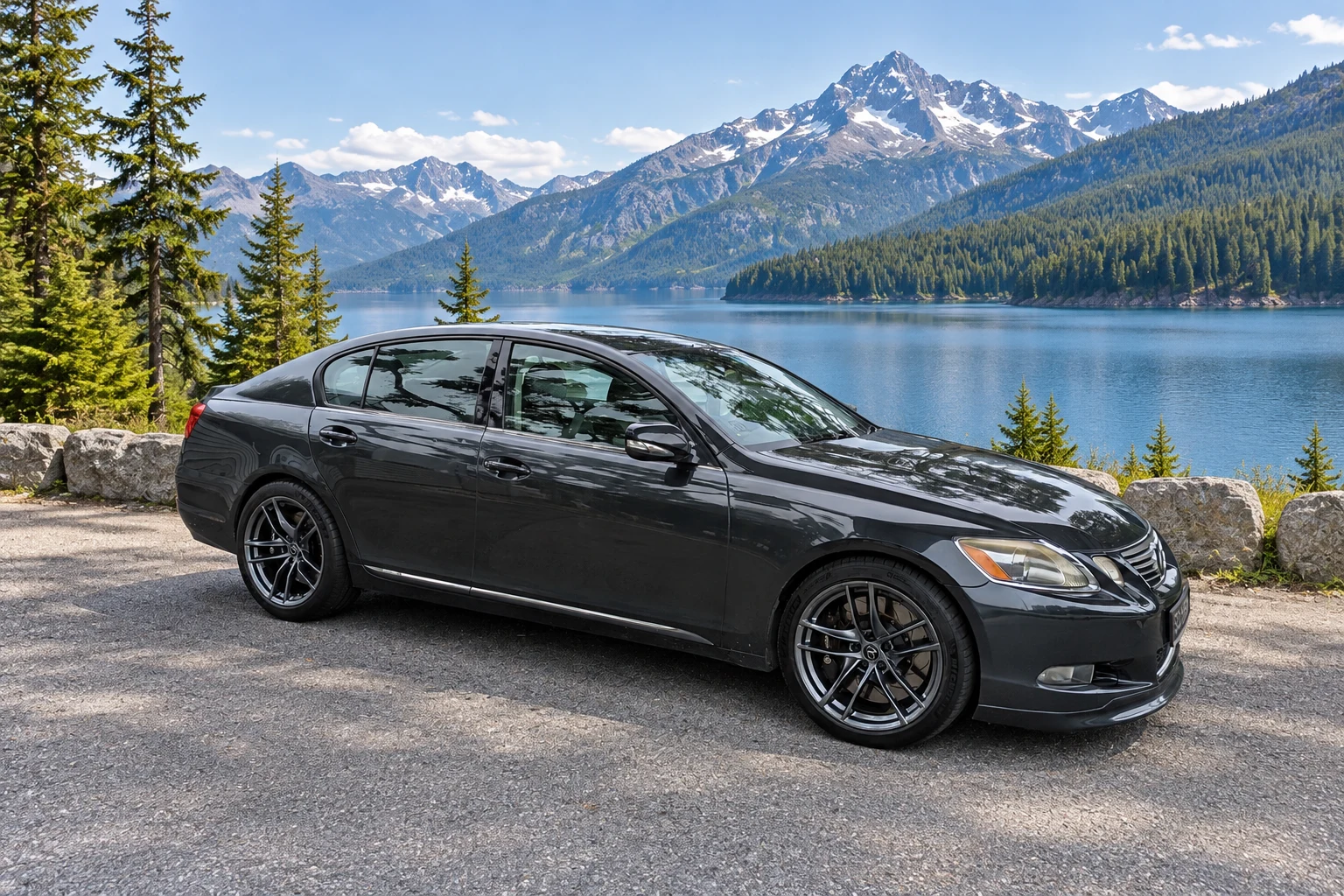 AI-generated view of a 2010 Lexus GS450h with Toyota GR Supra forged OEM wheels