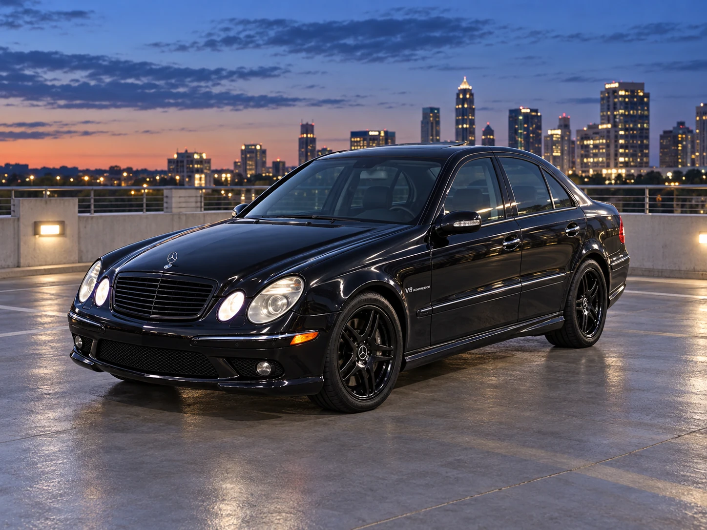 AI-generated view of a 2003 Mercedes-Benz E55 AMG Sedan with Mercedes-Benz OEM AMG E55 wheels