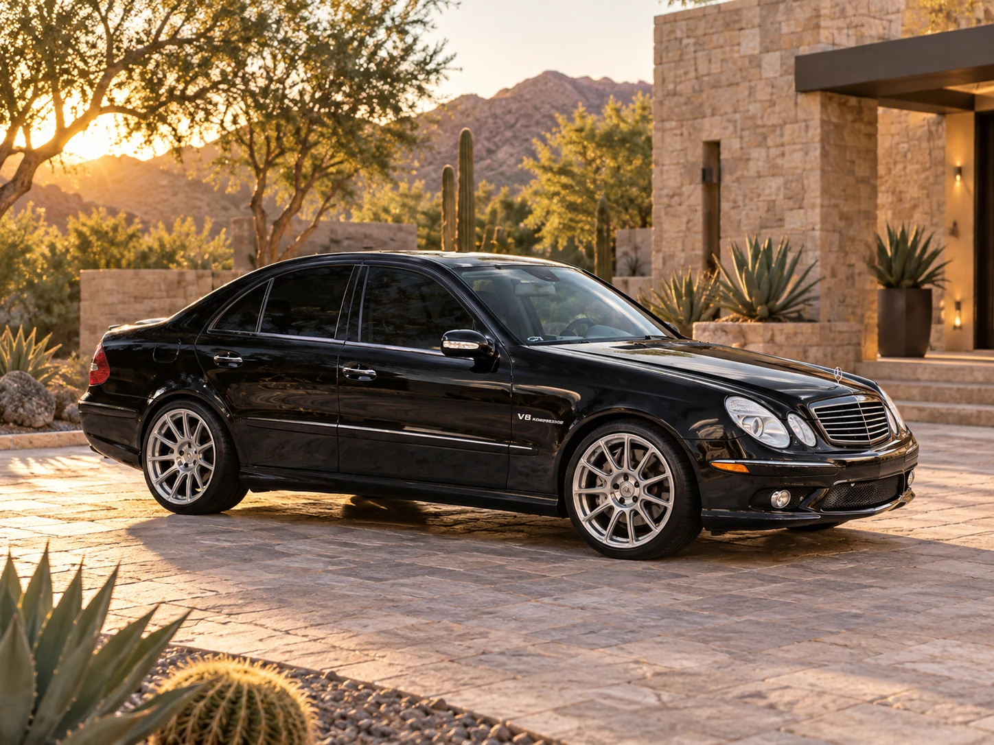 AI-generated view of a 2005 Mercedes-Benz E55 AMG Sedan with Linea Corse LC888 wheels