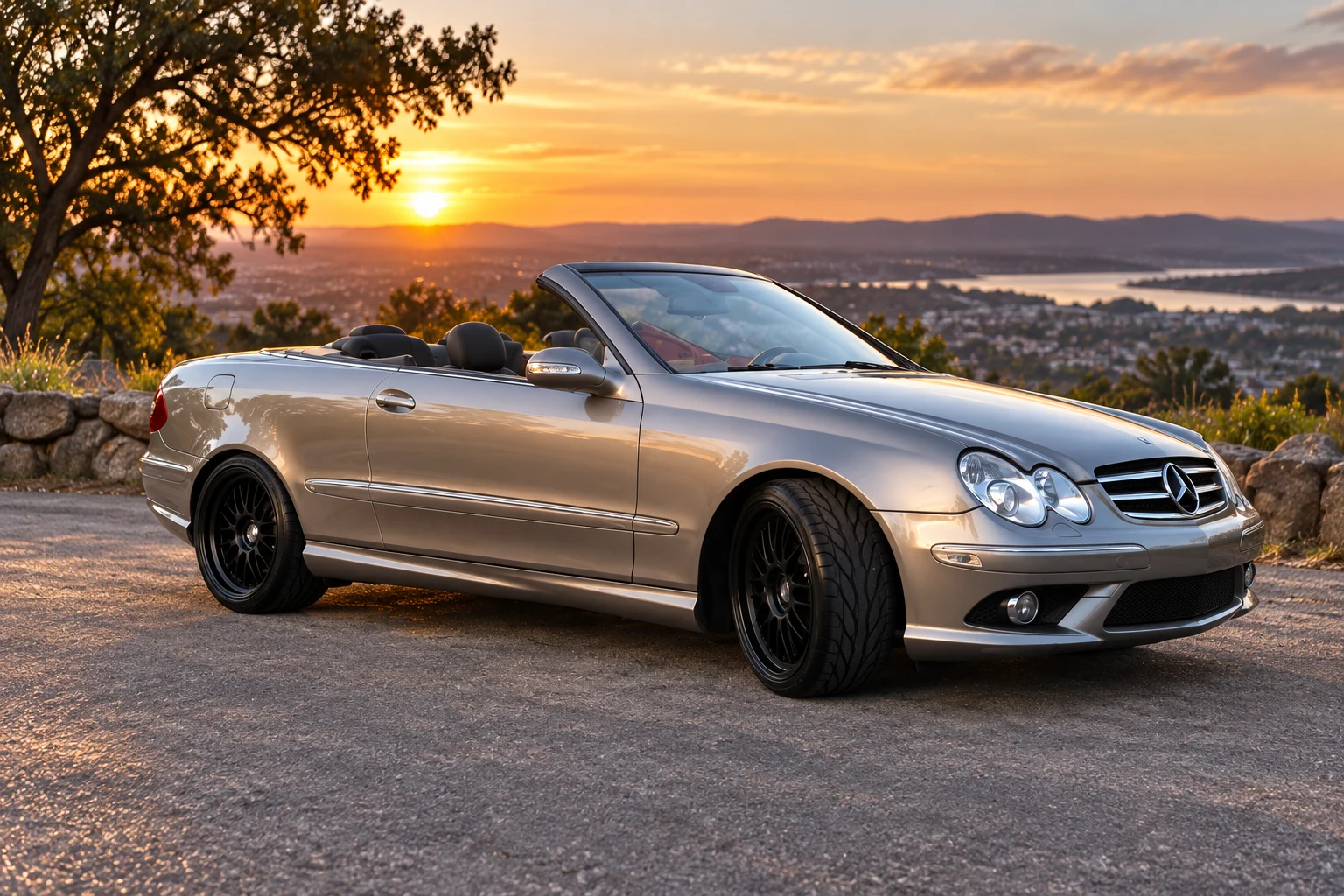 AI-generated view of a 2006 Mercedes-Benz CLK500 Cabriolet with Linea Corse LeMans wheels