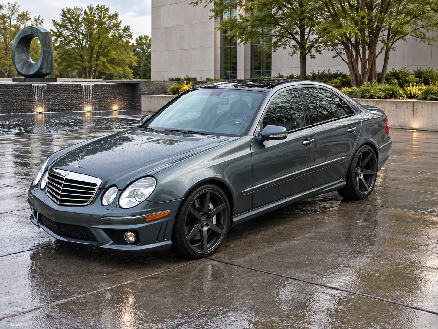 AI-generated view of a 2007 Mercedes-Benz E63 AMG Sedan with Stance SC6 wheels