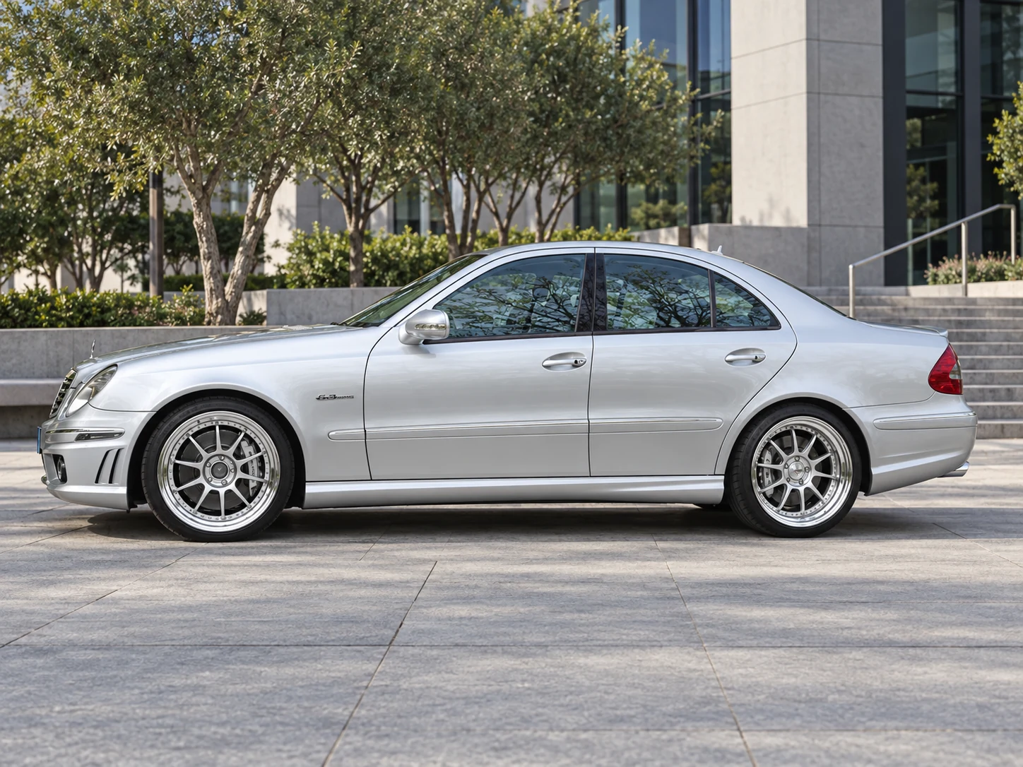 AI-generated view of a 2008 Mercedes-Benz E63 AMG Sedan with SSR Professor SP3 wheels