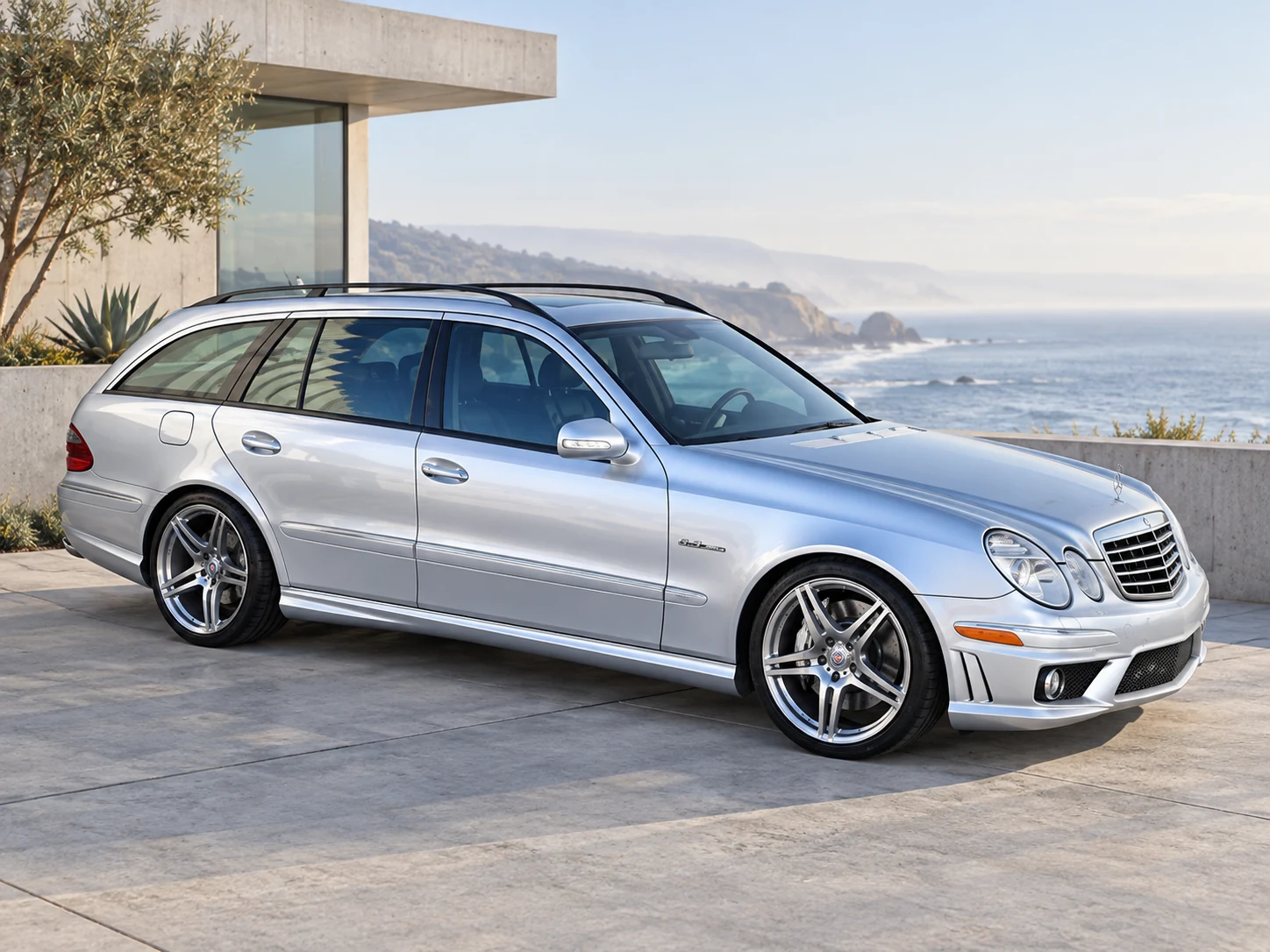 AI-generated view of a 2009 Mercedes-Benz E63 AMG Wagon with HRE P47SC wheels