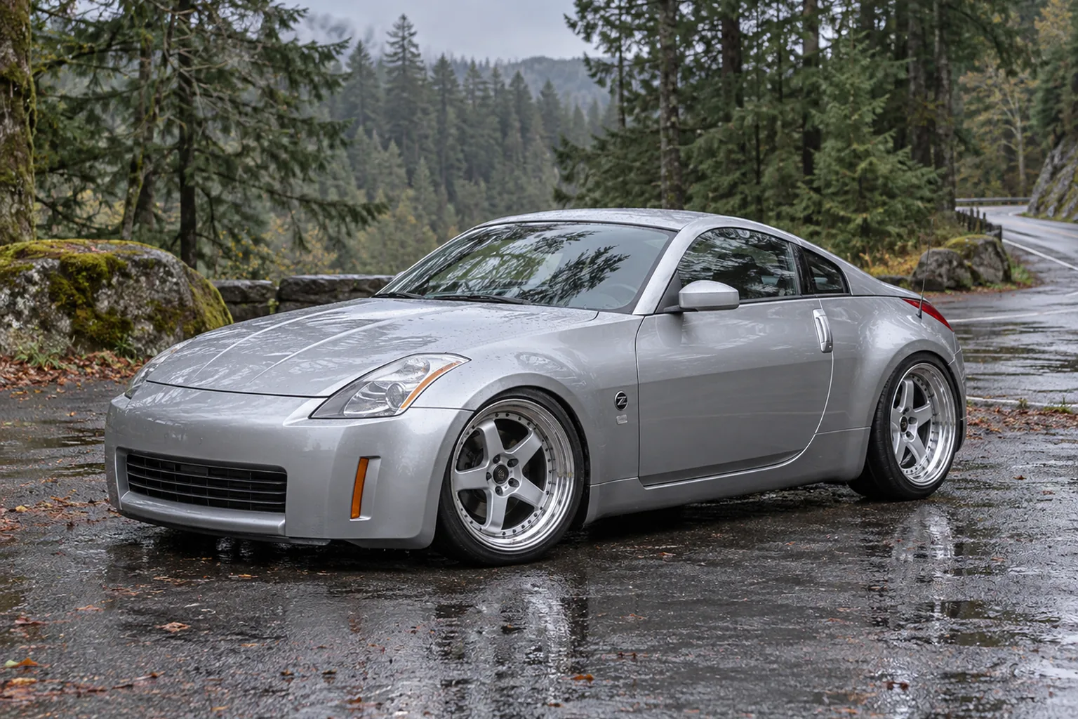 AI-generated view of a 2003 Nissan 350Z Track with Work Meister S1 3-piece wheels
