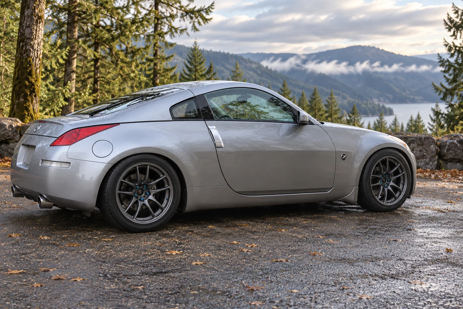AI-generated view of a 2003 Nissan 350Z Enthusiast with Work Emotion CR Kai wheels