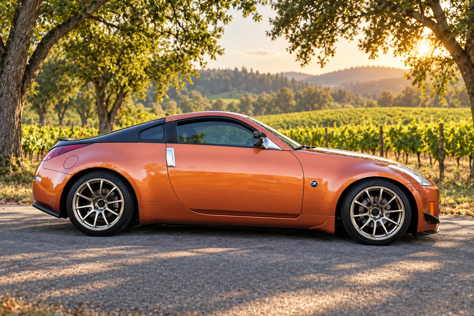AI-generated view of a 2003 Nissan 350Z with Advan RS wheels
