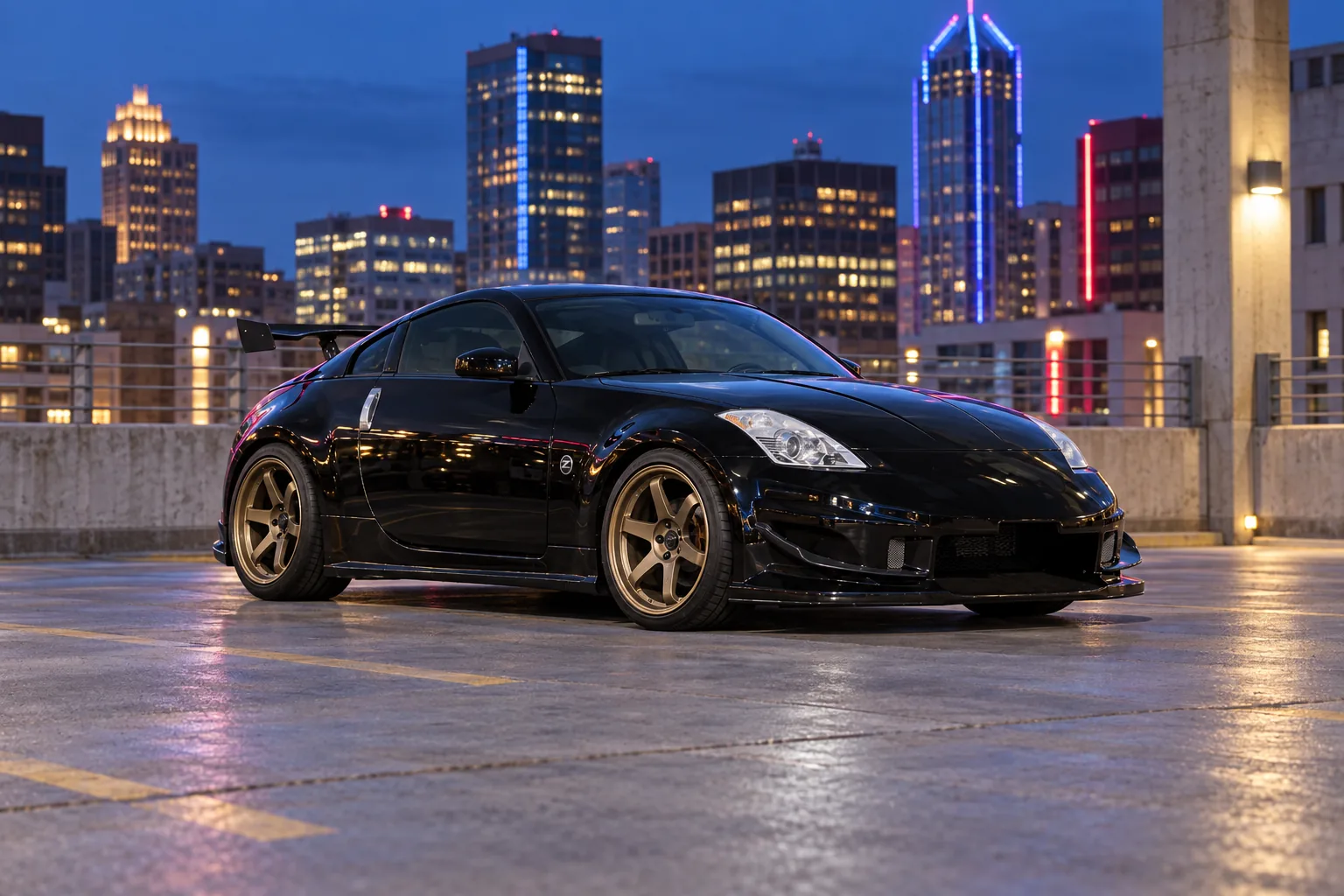 AI-generated view of a 2003 Nissan 350Z with Volk Racing TE37 wheels