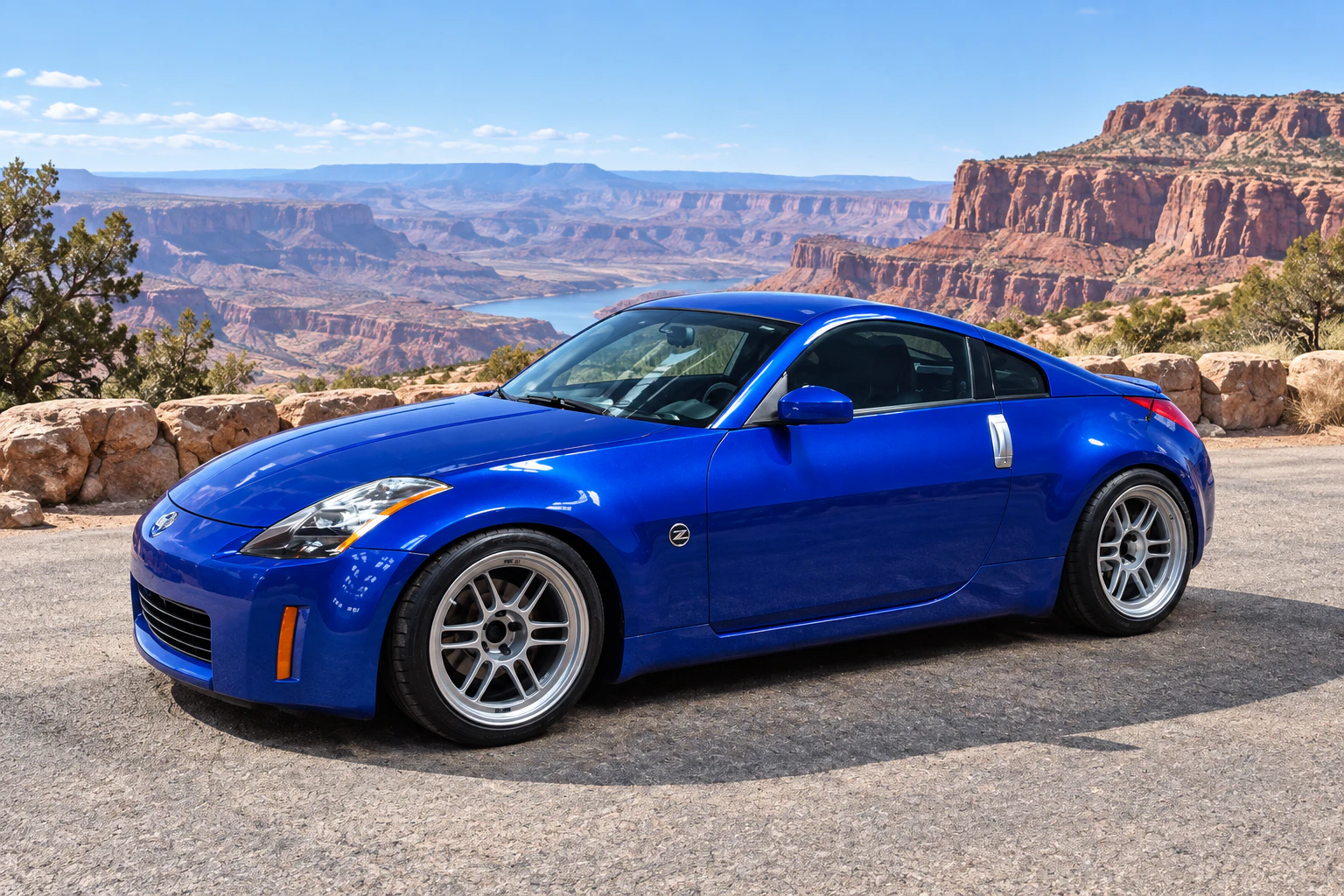 AI-generated view of a 2003 Nissan 350Z Touring with Enkei RPF1 wheels