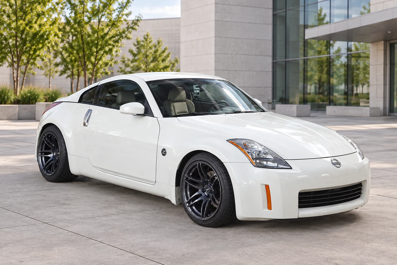 AI-generated view of a 2003 Nissan 350Z Touring with Cosmis Racing MR-II wheels