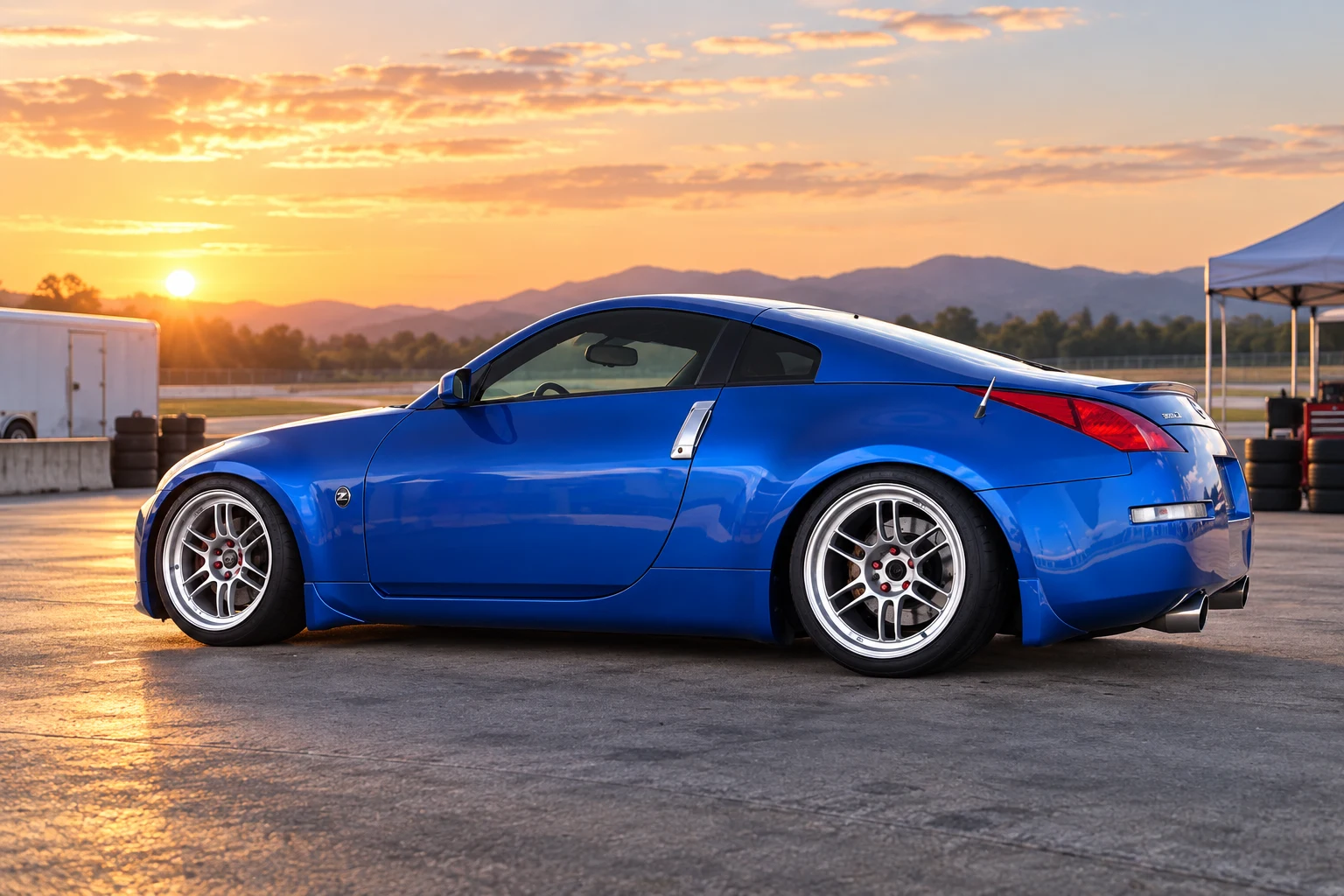 AI-generated view of a 2003 Nissan 350Z Track with Enkei RPF1 wheels