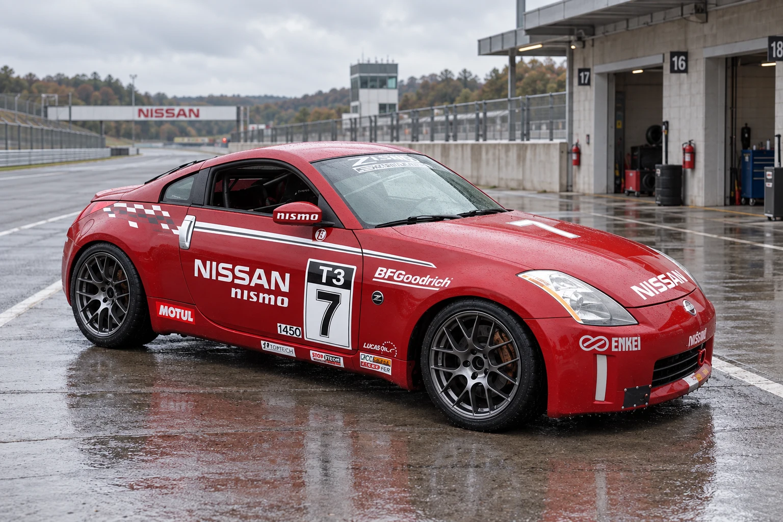 AI-generated view of a 2003 Nissan 350Z Track with Enkei Raijin wheels