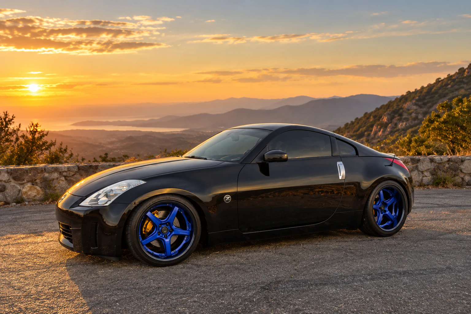 AI-generated view of a 2003 Nissan 350Z Track with Volk Racing GT-S wheels
