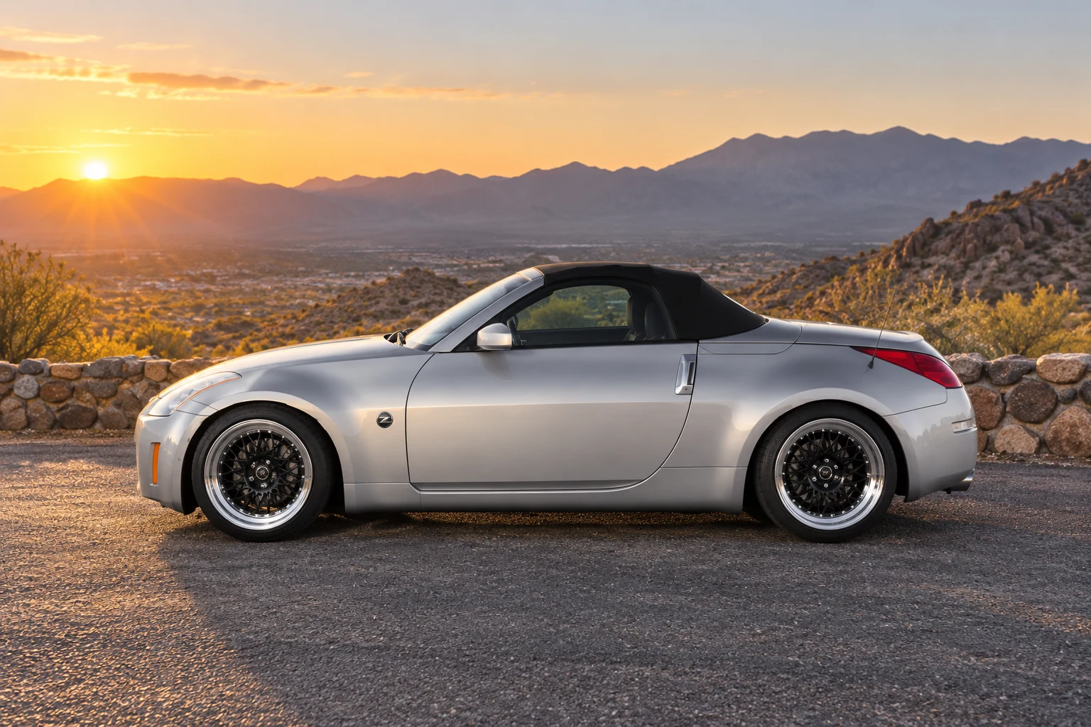 AI-generated view of a 2004 Nissan 350Z Enthusiast Roadster with XXR 521 wheels