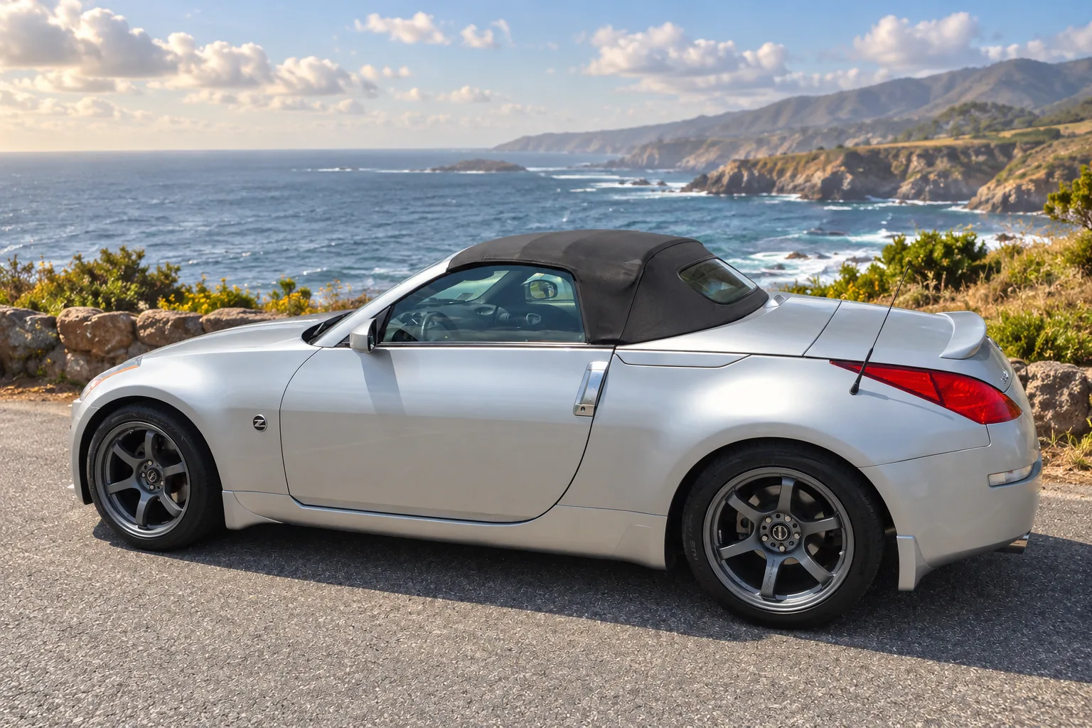 AI-generated view of a 2004 Nissan 350Z Roadster with Gram Lights 57DR wheels