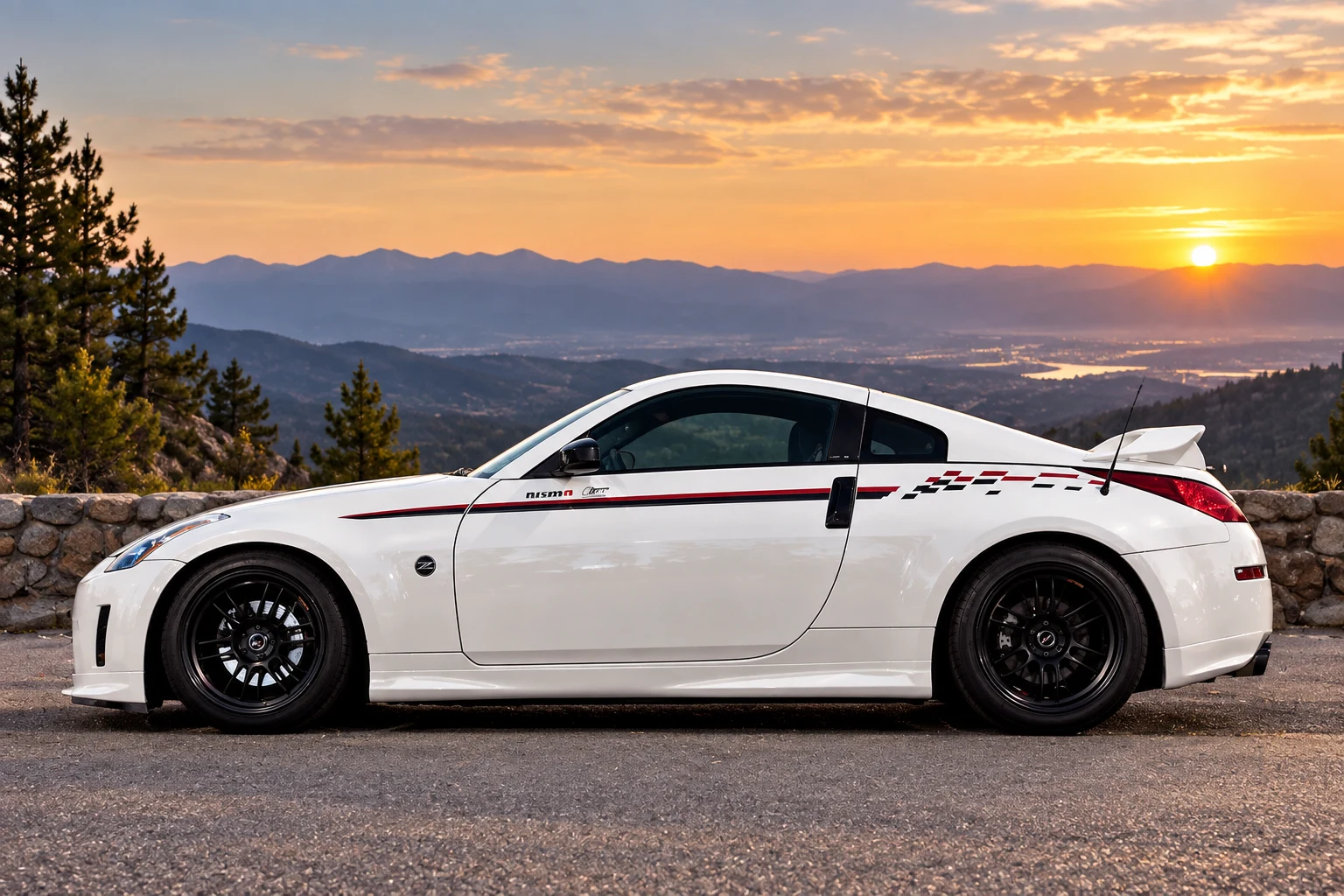 AI-generated view of a 2004 Nissan 350Z with Enkei RPF1 wheels