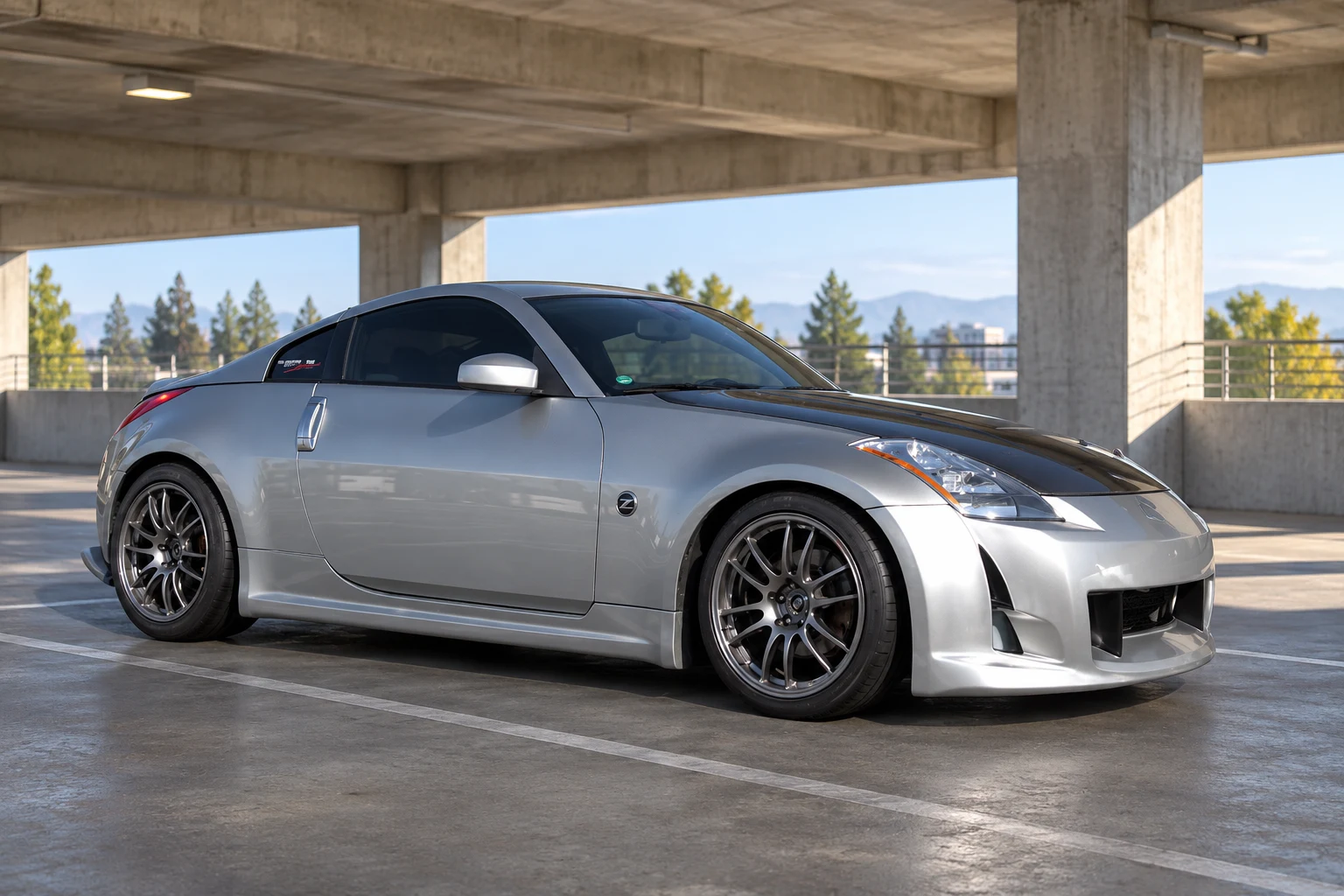 AI-generated view of a 2005 Nissan 350Z Enthusiast with Enkei GTC-01 wheels