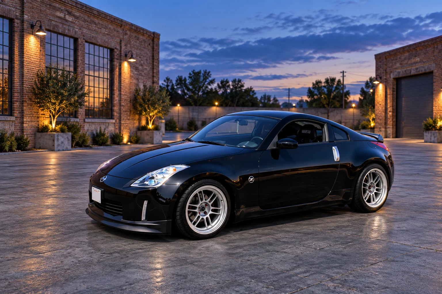 AI-generated view of a 2005 Nissan 350Z with Enkei RPF1 wheels
