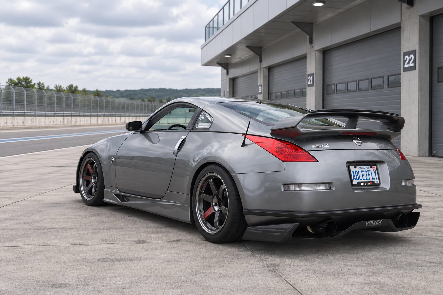 AI-generated view of a 2006 Nissan 350Z Grand Touring with Volk Racing TE37SL wheels