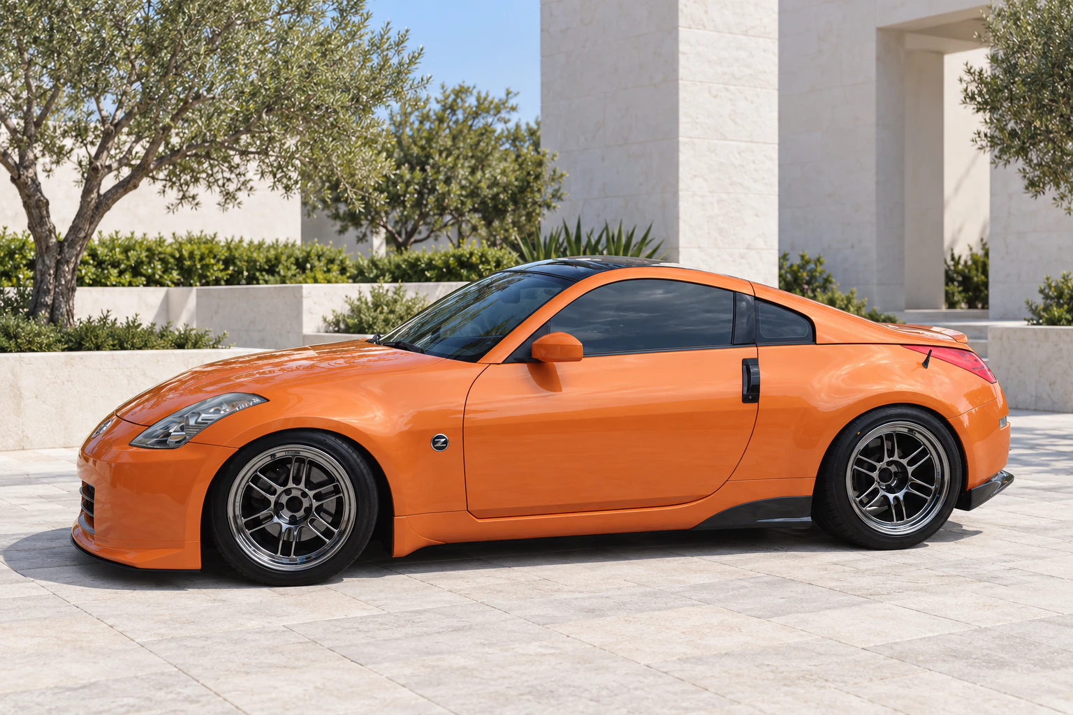 AI-generated view of a 2007 Nissan 350Z with Enkei RPF1 wheels