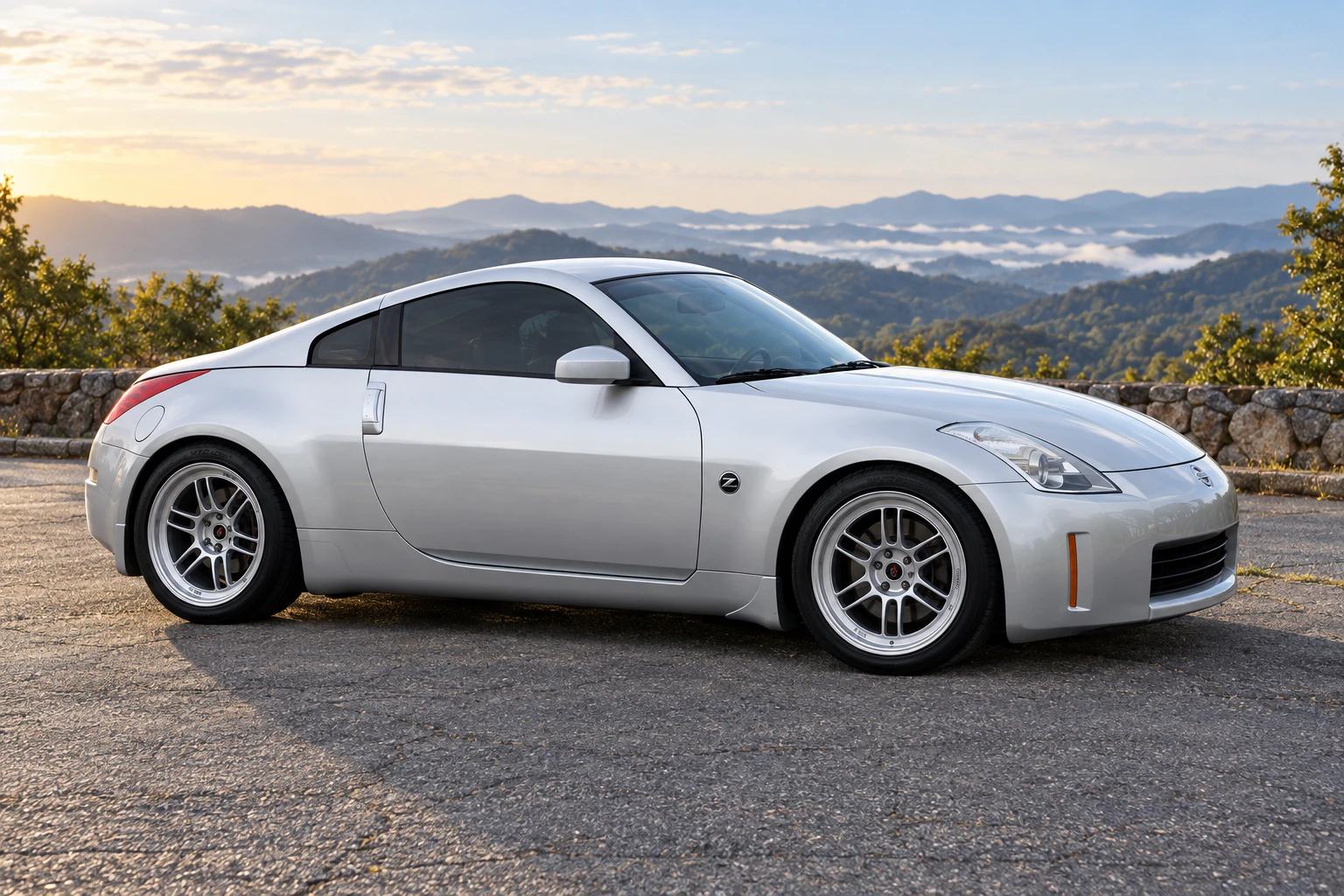 AI-generated view of a 2007 Nissan 350Z with Enkei RPF1 wheels