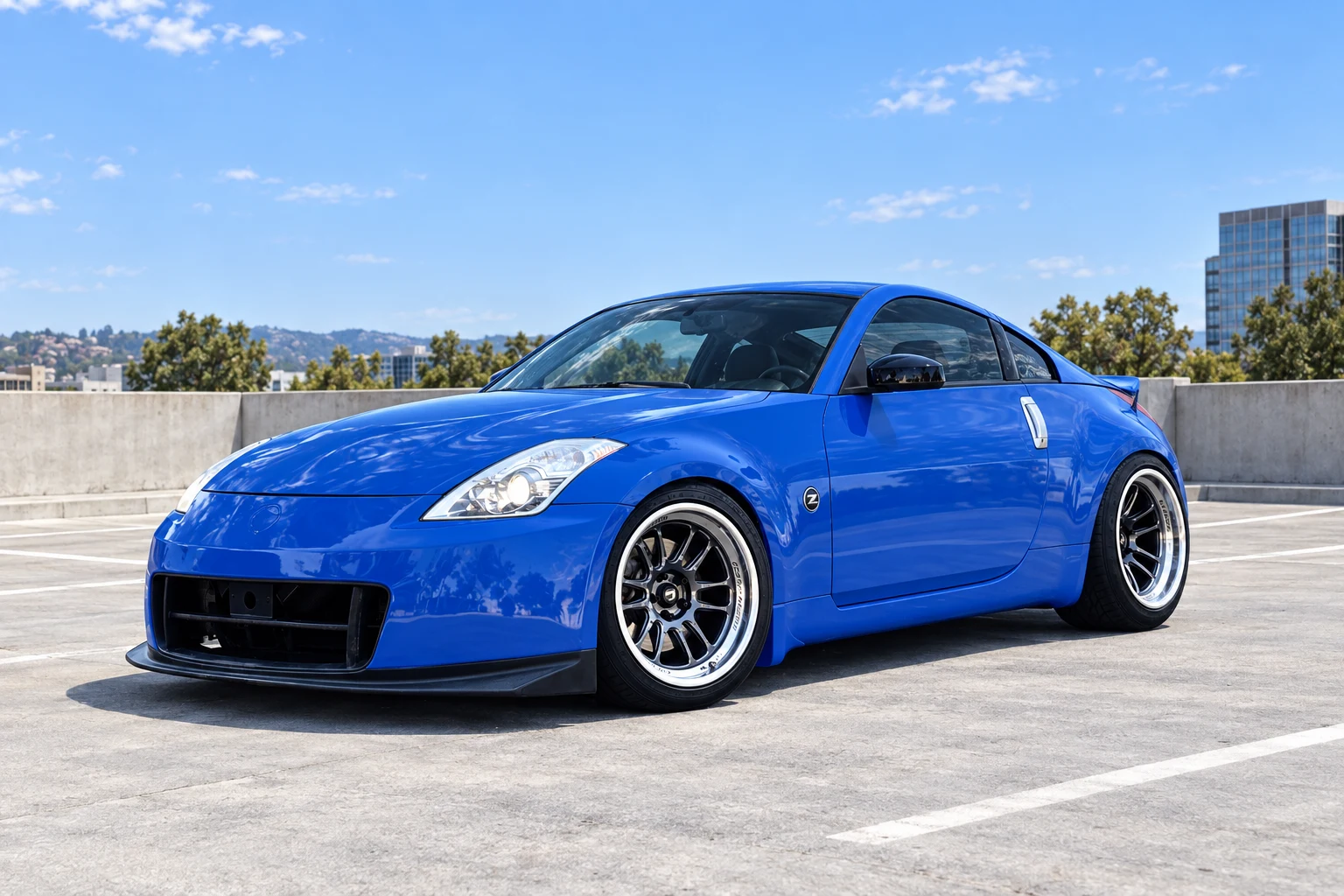 AI-generated view of a 2008 Nissan 350Z Base with Cosmis Racing XT-206R wheels