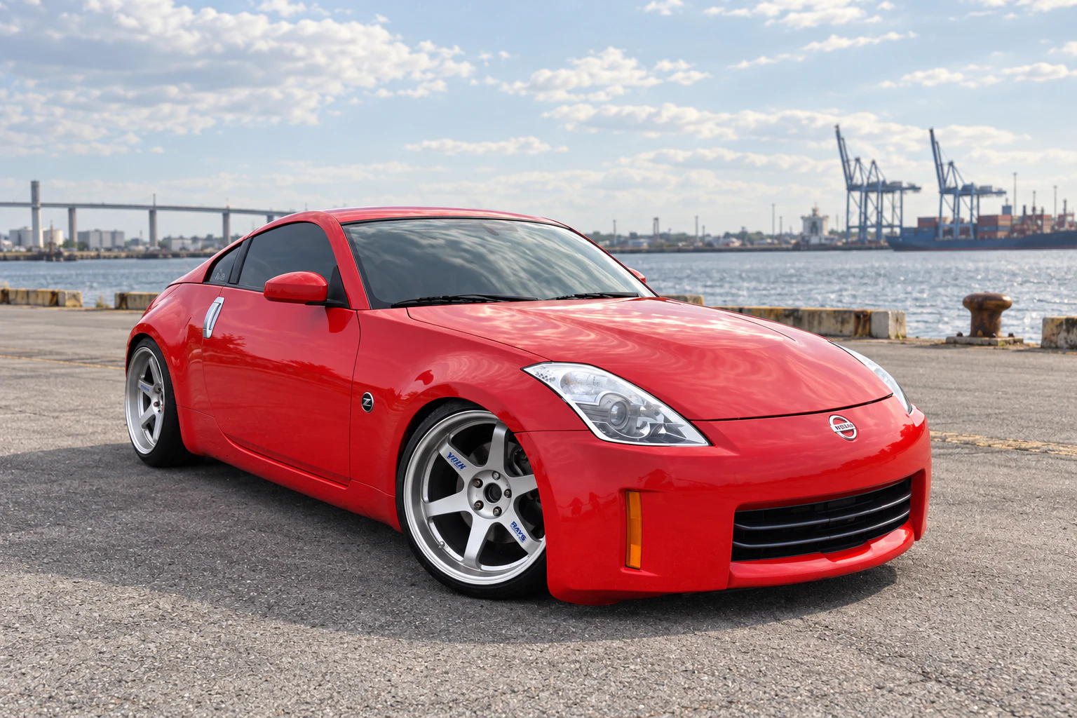 AI-generated view of a 2008 Nissan 350Z with Volk Racing TE37 wheels
